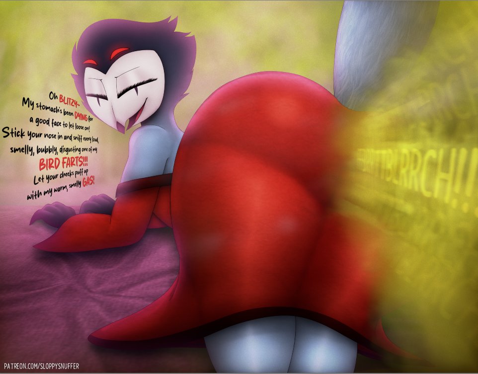 ass, avian, big ass, big butt, clothing, demon, english text, fart, fart cloud, fart fetish, farting, farting at viewer, fat ass, fat butt, fully clothed, furry, helluva boss, male, male fart, no genitals, no sex, owl demon, robe, robe only, sloppysnuffer, solo, solo male, stolas (helluva boss), tail, talking to another, text, thick thighs, vivziepop, yellow fart cloud