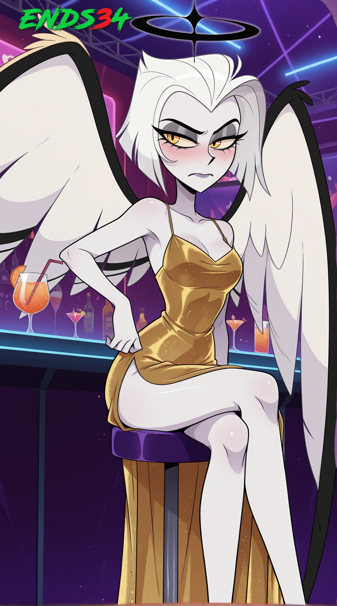 2025, ai generated, angel wings, crossed legs, dress, ends34, female, female focus, hazbin hotel, lute (hazbin hotel), short hair, white hair, yellow eyes