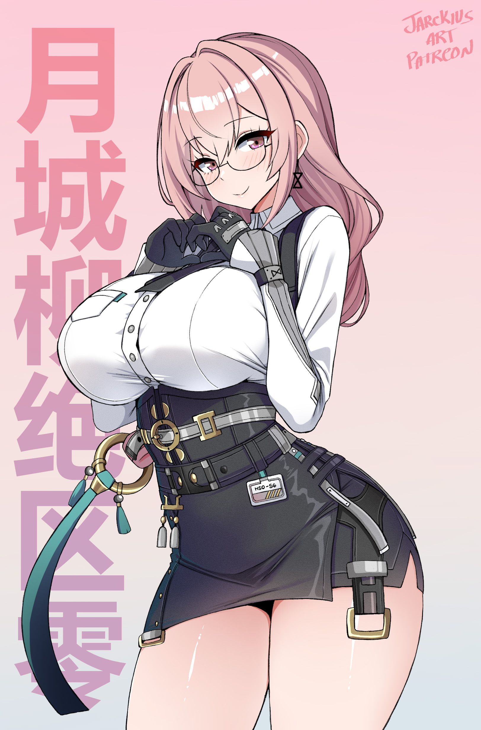 absurdres, black gloves, black skirt, blush, breasts, closed mouth, commentary, cowboy shot, dress shirt, earrings, female, glasses, gloves, gradient background, hair between eyes, hands up, high-waist skirt, highres, jarckius, jewelry, large breasts, long hair, looking at viewer, miniskirt, paid reward available, patreon username, pencil skirt, pink eyes, pink hair, ring hair ornament, shirt, skirt, smile, solo, standing, tsukishiro yanagi, white shirt, zenless zone zero