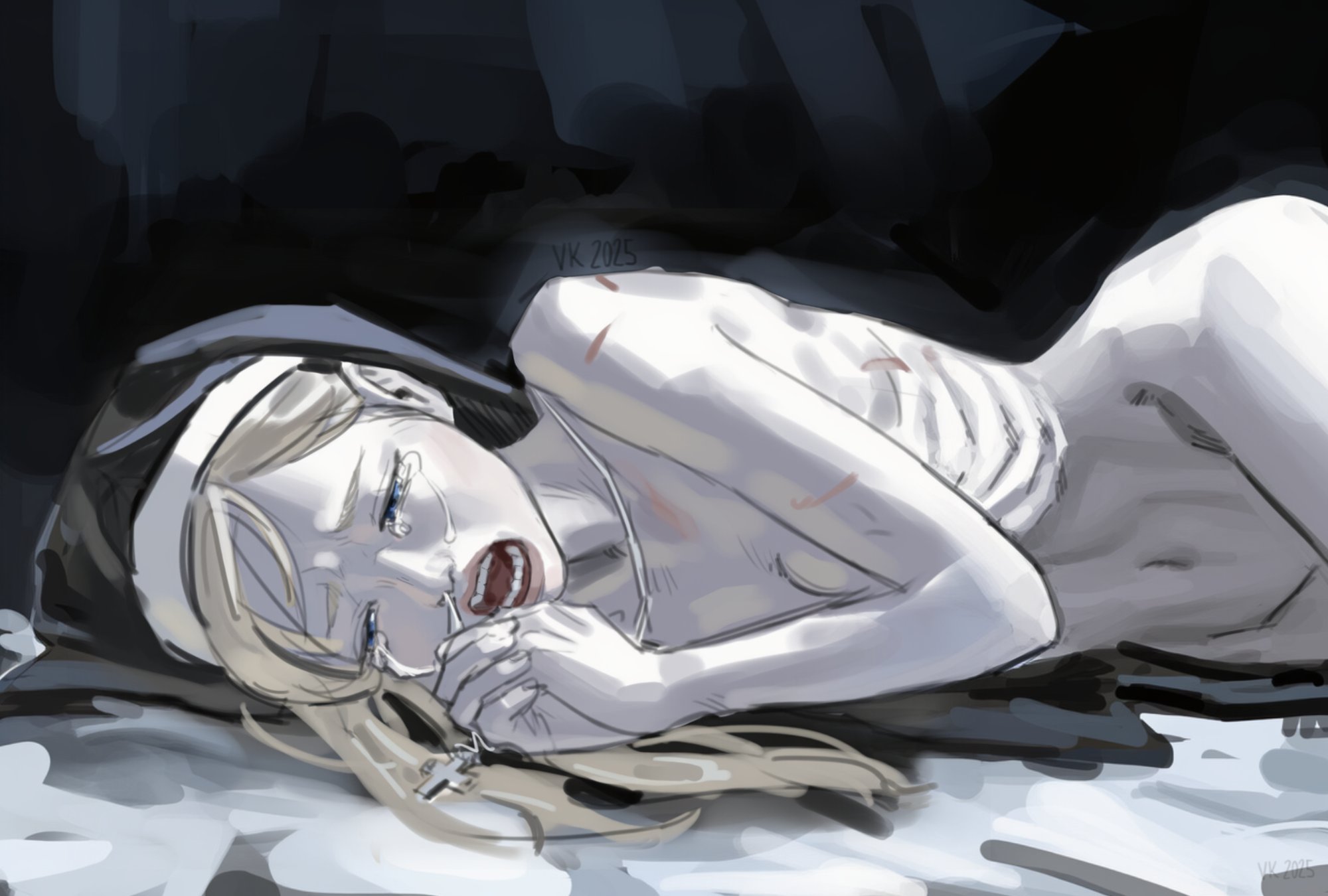 1girls, almost naked, anorexia, blonde female, blonde hair, blonde-haired female, blue eyes, breasts, christian cross, cross necklace, crying, digital drawing (artwork), digital media (artwork), emaciated, female, female focus, female only, flat chest, flat chested, headwear, headwear only, hip bones, implied abuse, krautvan, nun, nun hat, oc, original character, pale skin, pale-skinned female, partially clothed, practically nude, praying, religious, religious clothing, ribs, scared, scarred, scars, shaved pussy, skinny, small breasts, small female, tagme, teenager, thin female, thin waist, vankraut, visible ribs, wailing, white body