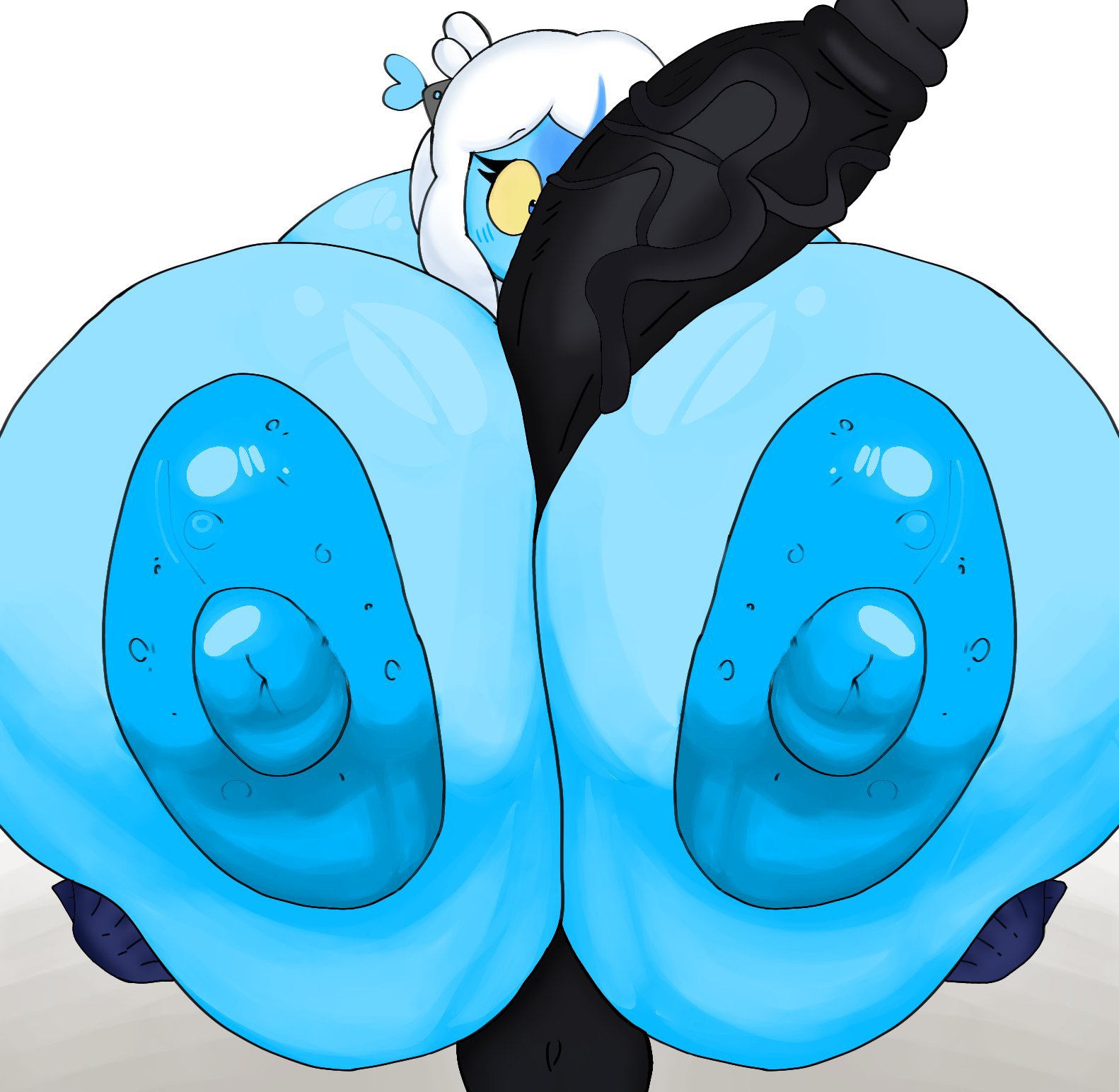 big nipples, blue body, blushing, breasts, elgoji, female, glands of montgomery, huge areolae, huge breasts, hyper breasts, hyper penis, male, miyu (oc), nipple fetish, paizuri, penis, surprised expression, varix (edit), waist not visible
