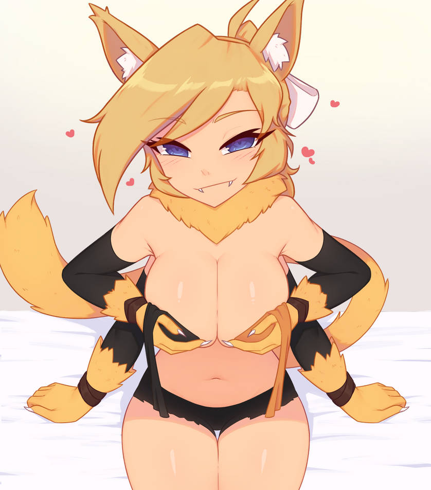 1girls, 4 arms, bed, bedroom, bedroom eyes, bikini, bikini undone, blonde fur, blonde hair, blue eyes, blush, breasts, fair skin, fangs, female, heart symbol, holding bikini top, holding breasts, kemonomimi, large breasts, long tail, looking at viewer, nelly, ponytail, shorts, sitting on bed, spider, spider girl, thick thighs, werewolf, werewolf costume, werewolf girl, wolf ears, wolf tail, xyroni