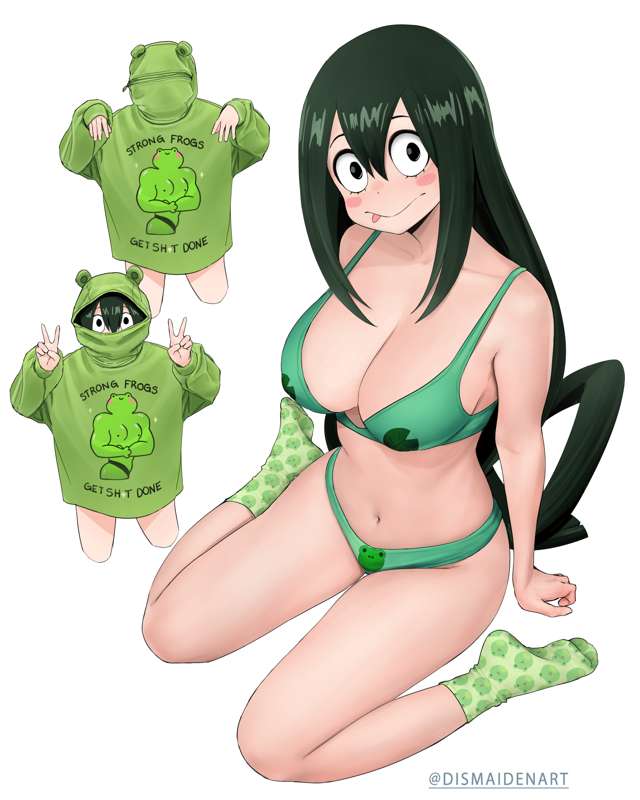 1girls, big breasts, big eyes, black eyes, blush, boku no hero academia, bra, breasts, dark green hair, dismaiden, female, frog, frog girl, frog print, green hair, green socks, green-haired female, hair, long hair, my hero academia, panties, socks, solo, solo female, tongue, tsuyu asui