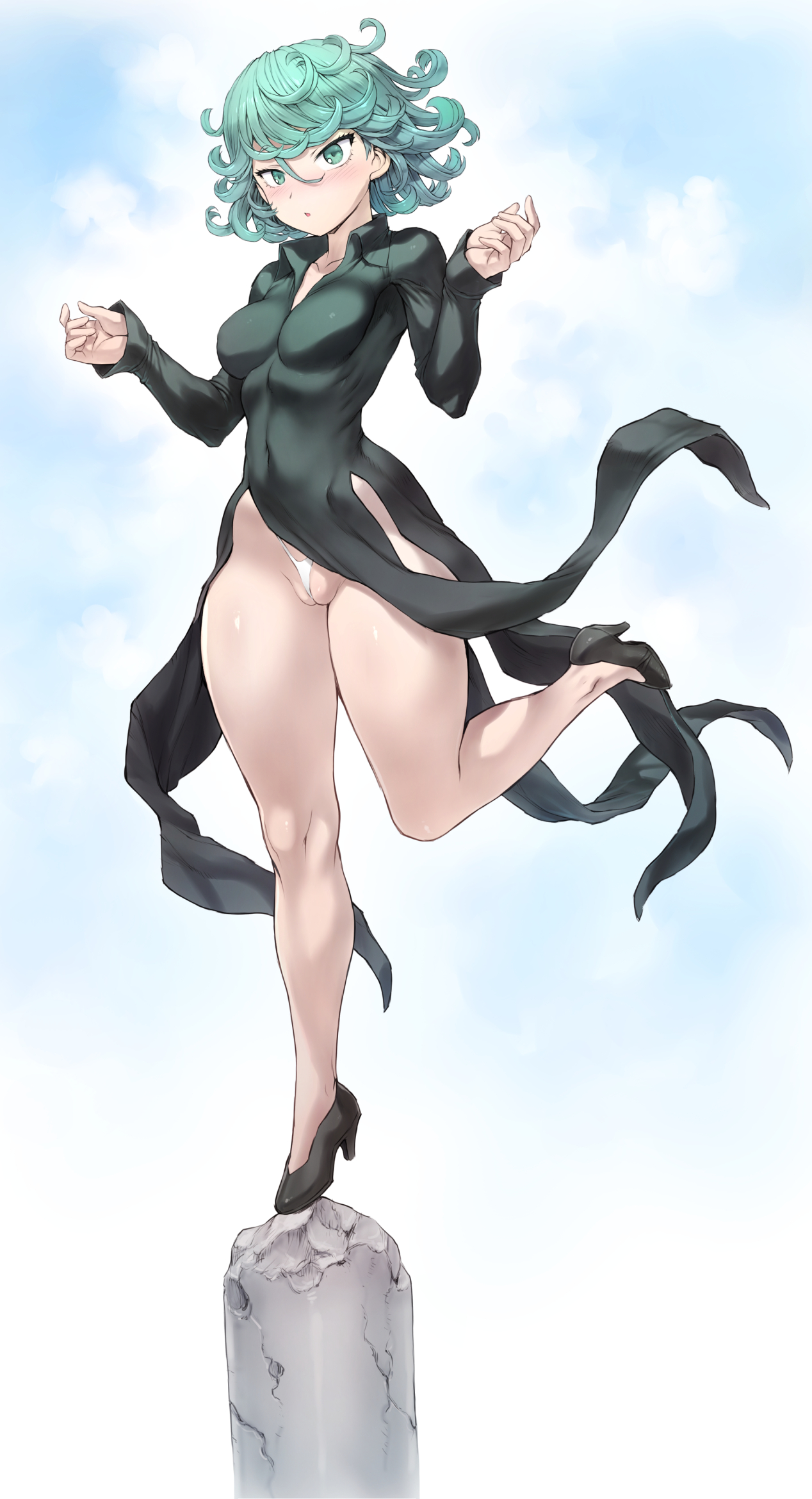 1girls, breasts, female, female focus, female only, green eyes, green hair, green hair female, looking at viewer, medium breasts, mogudan, one-punch man, panties, short hair, standing on one leg, tagme, tatsumaki, thick thighs, thong