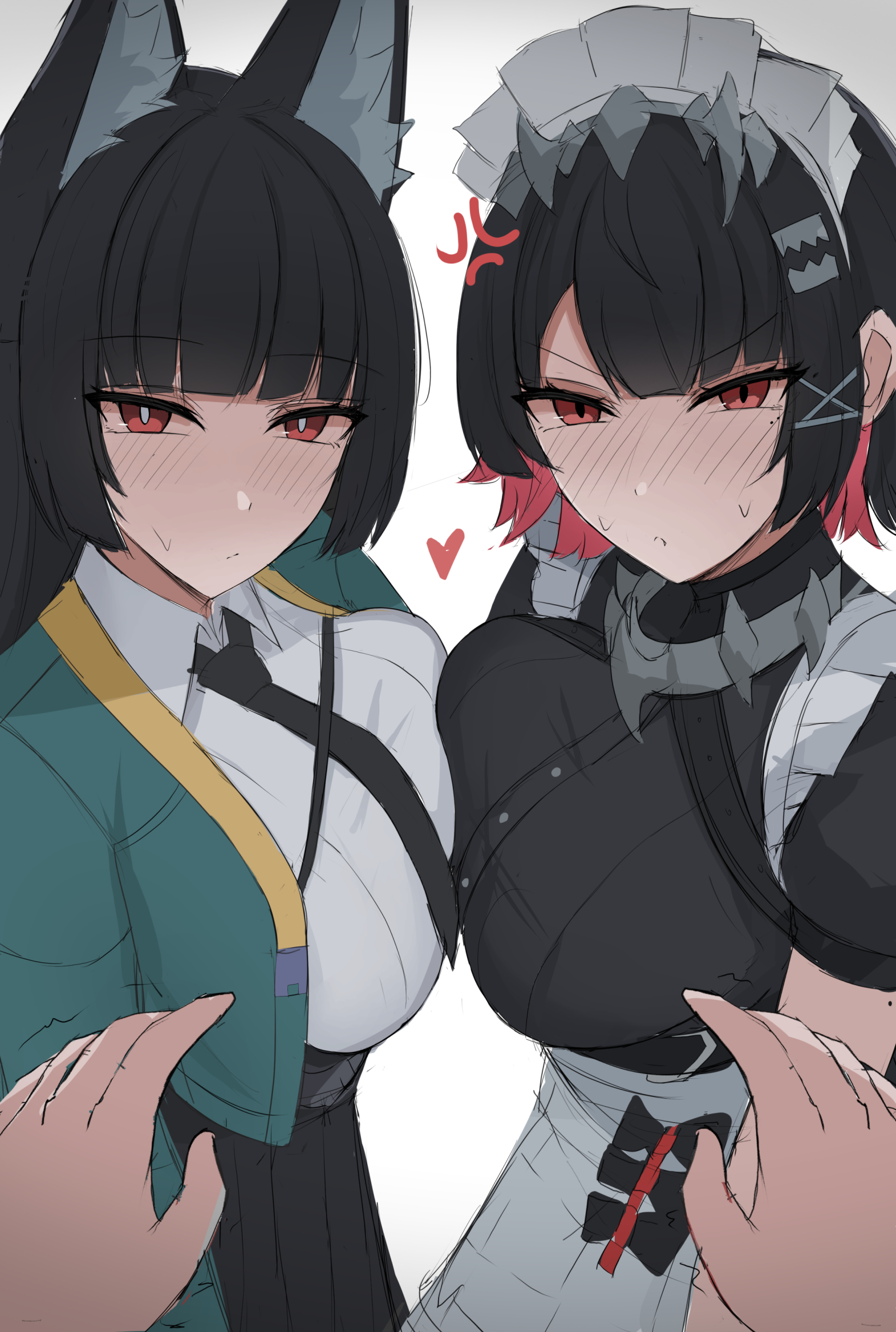 1boy, 2girls, anger vein, animal ear fluff, animal ears, apron, black hair, black necktie, black skirt, blush, breast press, breasts, clothing, colored inner hair, ellen joe, female, heart, highres, hoshimi miyabi, long hair, looking at viewer, maid, maid headdress, male, male pov, multicolored hair, multiple females, multiple girls, namikare, necktie, pov, pov hands, red eyes, red hair, shirt, short hair, skirt, symmetrical docking, white apron, white background, white shirt, zenless zone zero