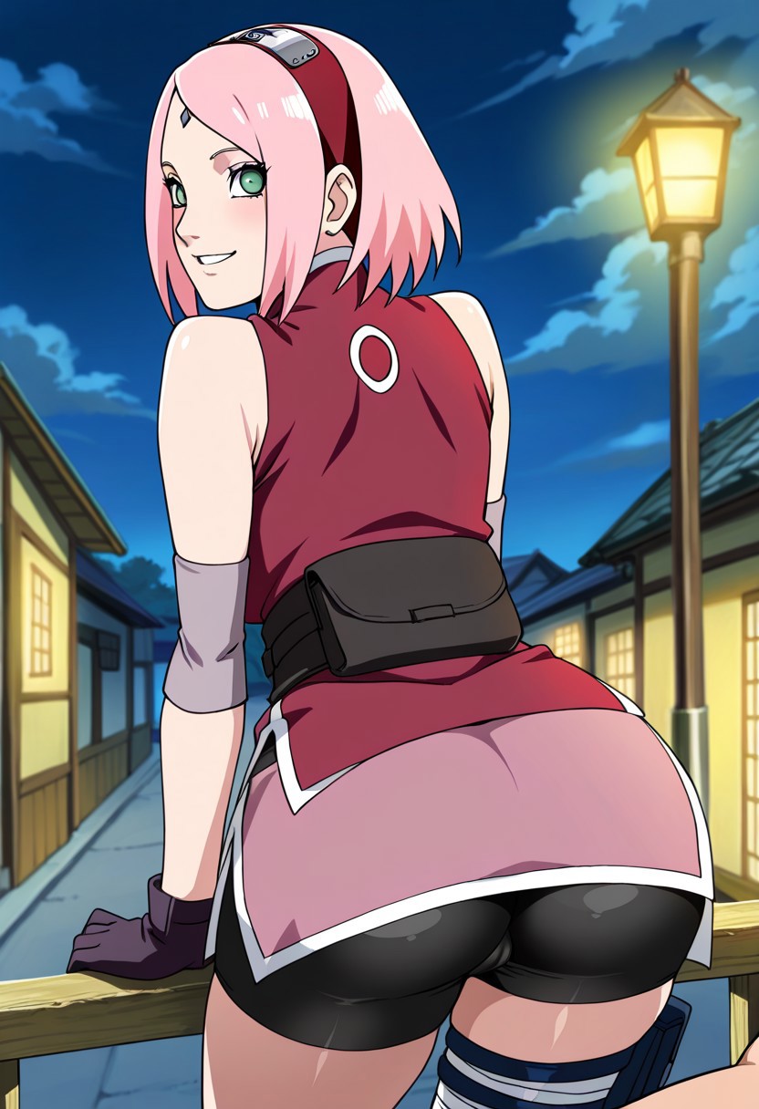 1girls, ai generated, ass, ass bigger than head, ass crack, ass focus, ass view, back, background, behind view, big ass, bike shorts, black bike shorts, black shorts, blue sky, bottom, bottom heavy, bottomwear, bubble ass, bubble butt, butt crack, clothed, clothed female, clothes, clothing, elbow pads, faceless, faceless character, faceless female, facing away, fat ass, female, female focus, female only, from behind, from below, heavenly ass, highres, huge ass, large ass, light skin, light-skinned female, medium hair, naruto, naruto (series), naruto shippuden, naruto: the last, nature, night, outdoors, pink elbow pads, pink hair, presenting, presenting ass, railing, rear view, red shirt, red sleeveless shirt, sakura haruno, shirt, shorts, sleeveless, sleeveless shirt, solo, solo female, solo focus, spats, standing, standing position, sunlight, thick, thick ass, thick female, thick thighs, thighs, topwear, town, tree, trees, unseen female face, viewed from behind, village, voluptuous female, watermark, white body, wide hips