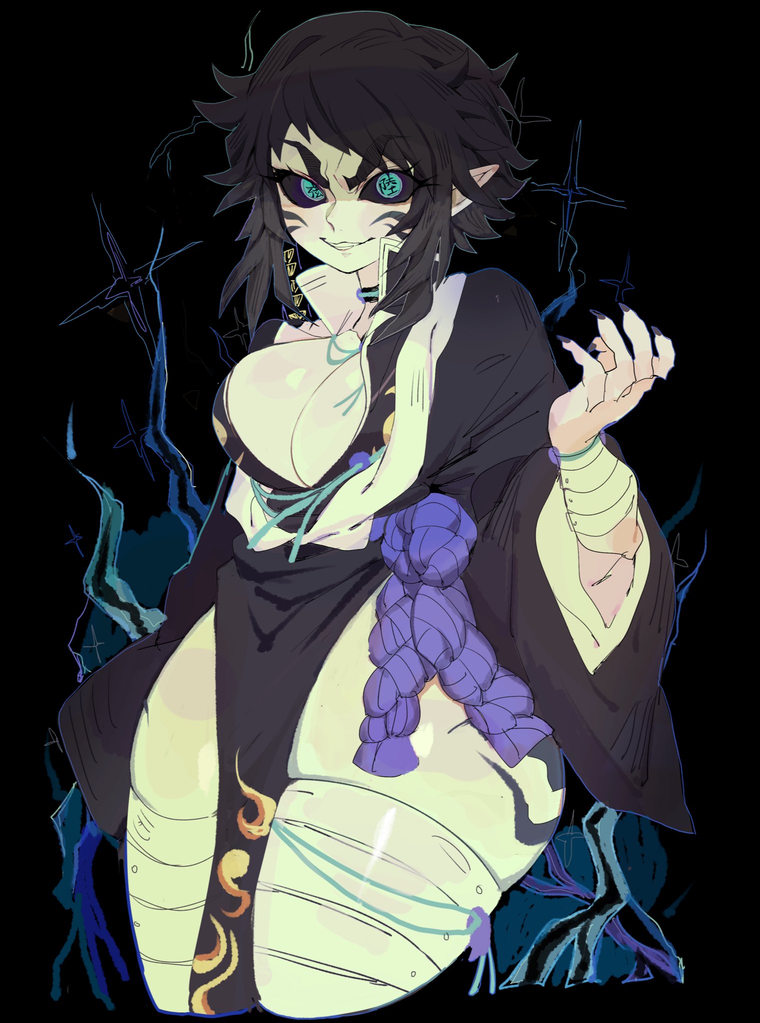 big breasts, black hair, black sclera, breasts, demon, female, genderswap (mtf), high heels, kaigaku, kimetsu no yaiba, rule 63, thick thighs, usa37107692, wide hips