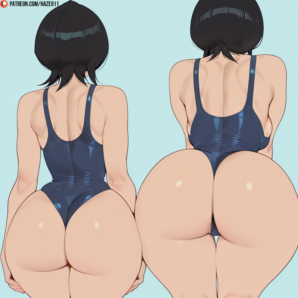 1girl 1girls ai_generated ass ass_focus back back_view backboob black_hair bleach breasts facing_away female female_only from_behind haze911 huge_ass kuchiki_rukia large_breasts light-skinned_female medium_breasts multiple_views one-piece_swimsuit school_swimsuit short_hair simple_background solo thick_thighs thighs wide_hips