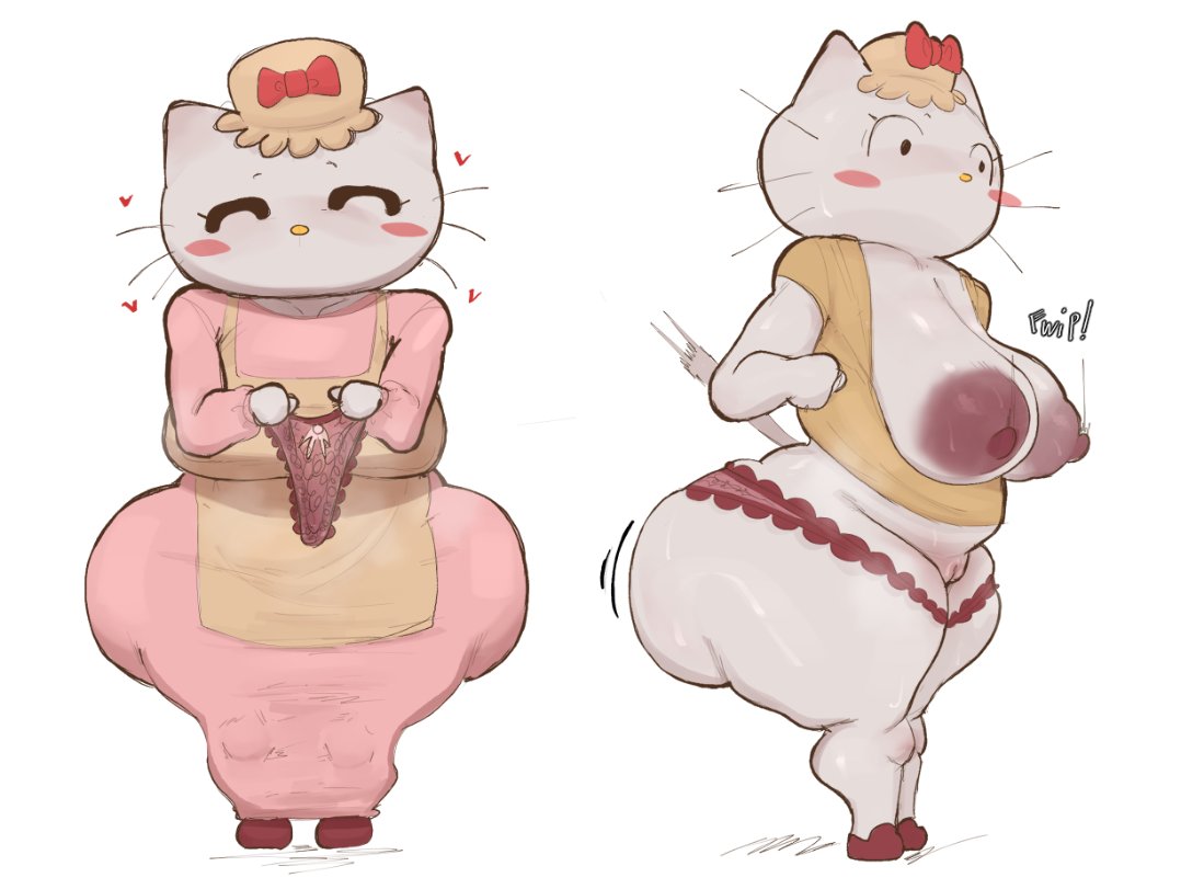 anthro, big areola, big ass, big breasts, big butt, big thighs, blush, breasts, cat ears, clothed, digital media, feline, female, hat, hello kitty (series), lingerie, lofasnofa, mary white, panties, sanrio, tagme, whiskers, wide hips