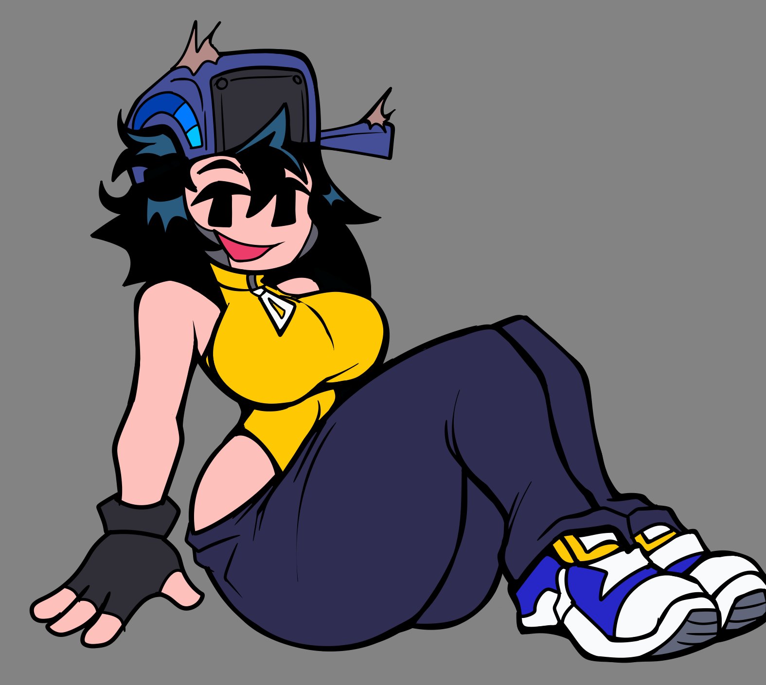 alternate costume, big breasts, breasts, cap, cassette girl, curvaceous, female, fingerless gloves, friday night funkin, friday night funkin mod, huge ass, jeans down, leotard, looking at viewer, mrdrezq, shoes, sitting, smile, smug, thick thighs