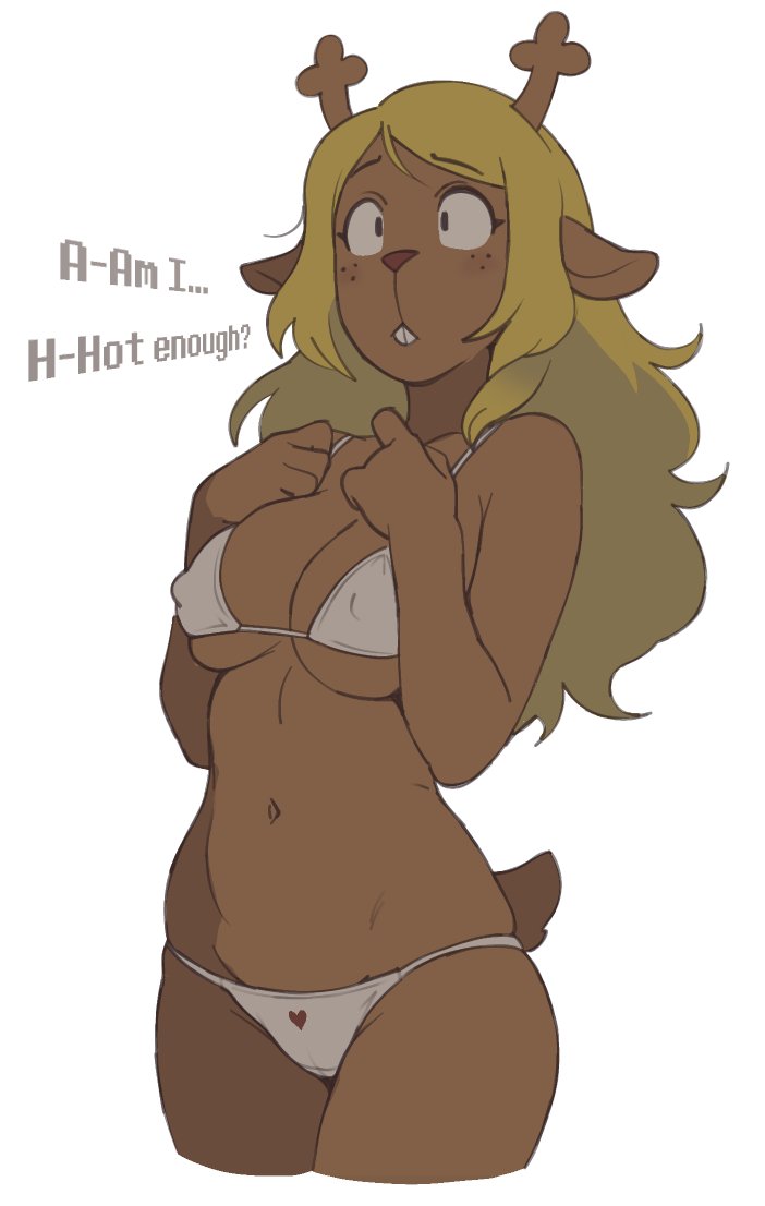 1girls, anthro, antlers, blonde hair, bra, breasts, brown fur, buckteeth, cervid, curvy, cyanu, deer, deer ears, deer girl, deer tail, deltarune, dialogue, doe, freckles, furry, hips, long hair, medium breasts, nipples visible through bra, noelle holiday, panties, simple background, tail, thick thighs, thighs, toby fox, voluptuous female, wide hips