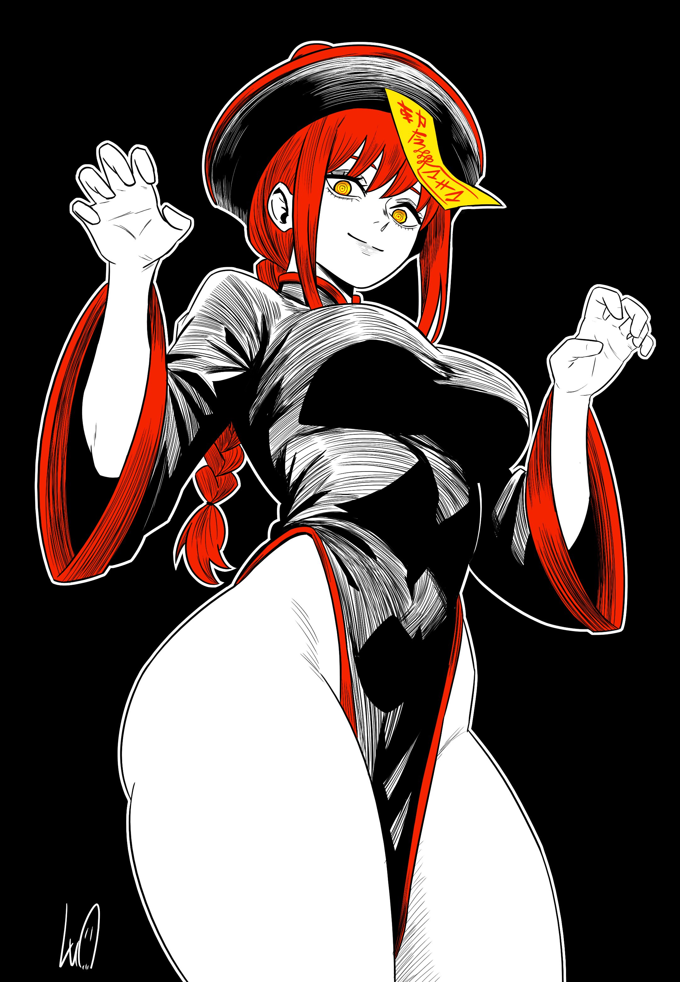 1girls, braid, breasts, chainsaw man, clothed, clothing, female, female only, hourglass figure, jiangshi, jiangshi costume, looking at viewer, lughost, makima (chainsaw man), medium breasts, navel, no panties, open mouth, red hair, solo, solo female, spiral eyes, tagme, thick, thick thighs, thighs, tight clothing, wide hips, yellow eyes