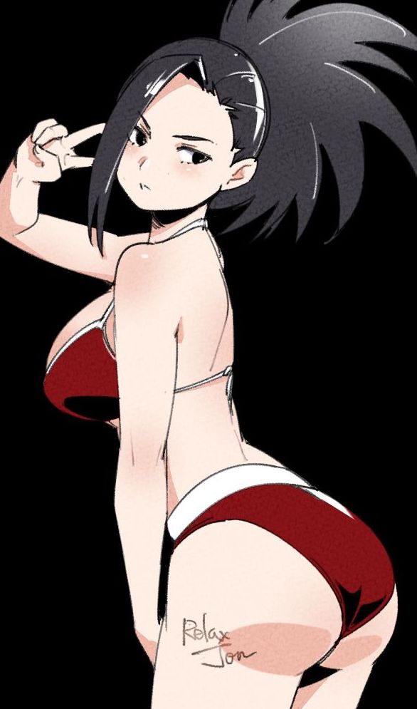 1girls, arm up, ass, back, bare shoulders, bikini, black eyes, black hair, black-haired female, blush, boku no hero academia, breasts, female, hair pulled back, large breasts, long hair, looking at viewer, momo yaoyorozu, my hero academia, ponytail, red bikini, relaxjon, simple background, solo, swimsuit, v, wide ponytail, yaoyorozu momo
