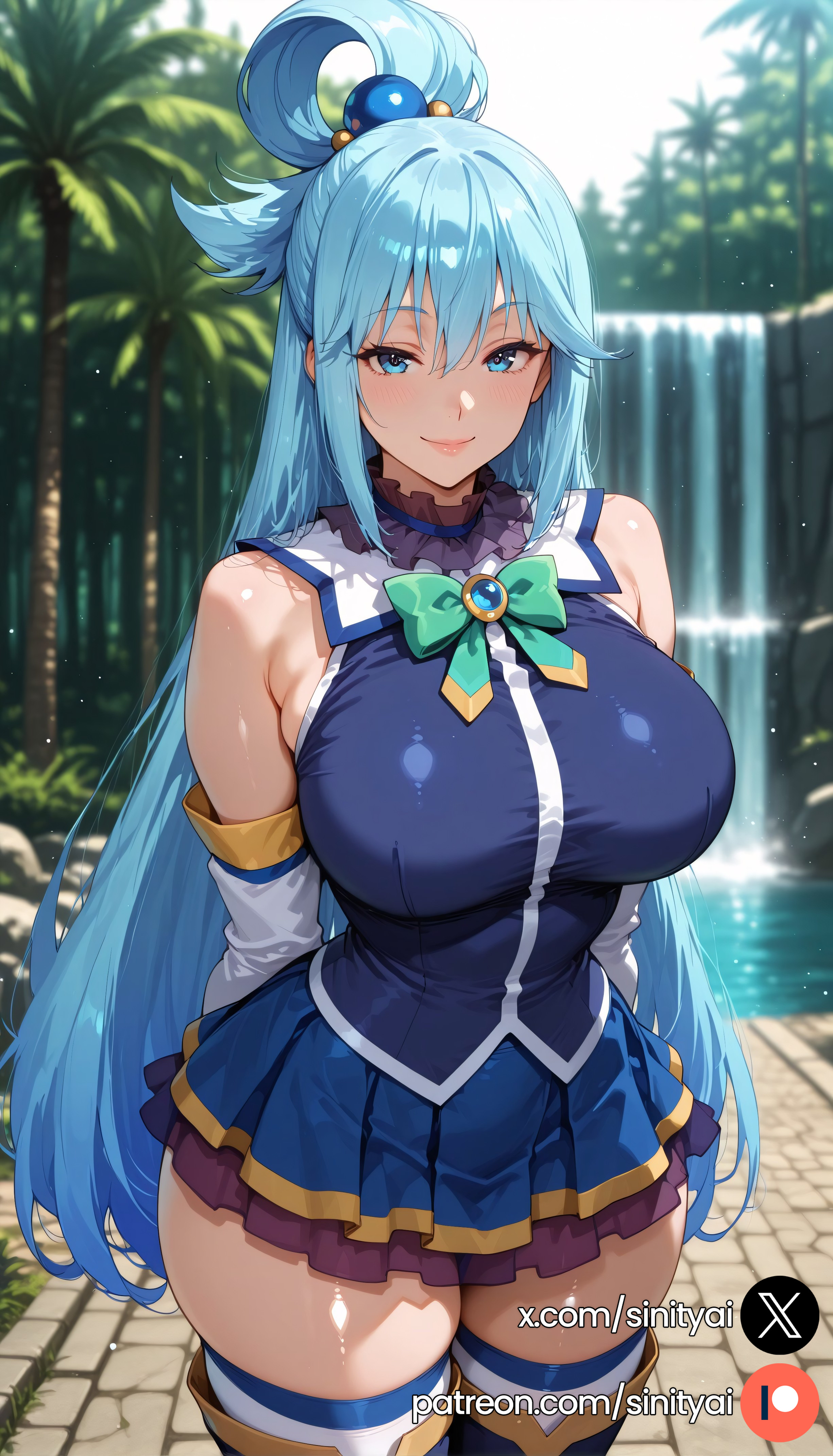 1girls, 2025, ai generated, aqua (konosuba), ass, big ass, big breasts, blue eyes, blue hair, blurred background, blurry background, breasts, depth of field, female, hi res, high quality, high resolution, highres, huge ass, huge breasts, huge thighs, kono subarashii sekai ni shukufuku wo!, konosuba, long hair, sinity, small waist, thick thighs, thin waist