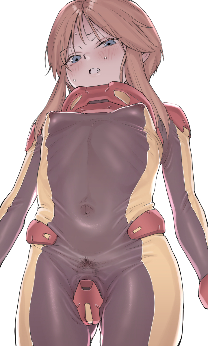 blue eyes, blush, bodysuit, breasts, brown hair, commentary request, covered erect nipples, covered navel, crotch plate, female, female pubic hair, from below, gundam, gundam zz, highres, kouya toufu, looking at viewer, looking down, mecha pilot suit, open mouth, ple two, pubic hair, pubic hair peek, puru two, see-through clothes, short hair with long locks, sidelocks, simple background, skin tight, small breasts, solo, sparse pubic hair, standing, sweat, white background