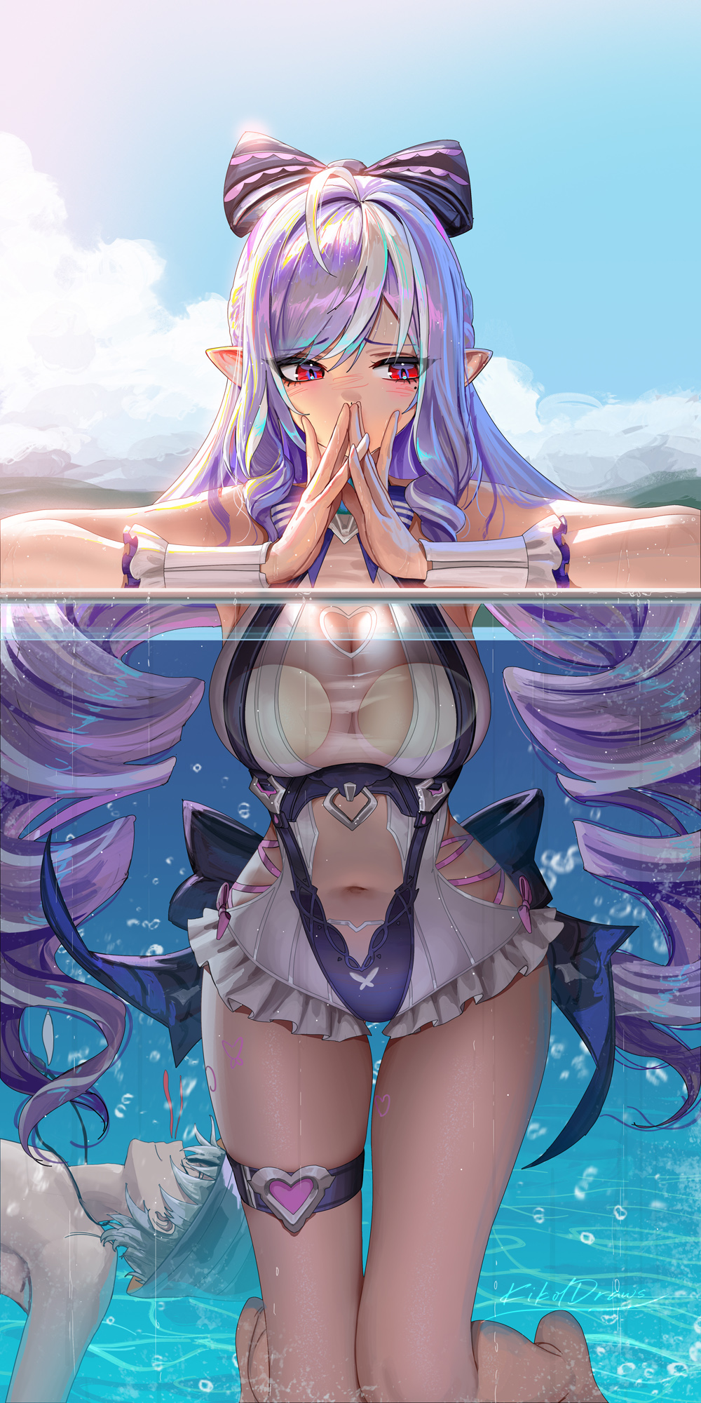 1boy, 1girls, against fourth wall, averting eyes, breast press, breasts, bucket hat, clothing cutout, covering own mouth, day, drill hair, female, grey hair, heart cutout, highres, large breasts, liang xing, long hair, male, navel, official alternate costume, one-piece swimsuit, partially underwater shot, pink hair, pointy ears, red eyes, sidelocks, stomach cutout, swimsuit, twin drills, unconscious, vivian (zenless zone zero), vivian banshee, vivian banshee (iris of the shore), water, white one-piece swimsuit, wise (peaceful waves) (zenless zone zero), wise (zenless zone zero), zenless zone zero