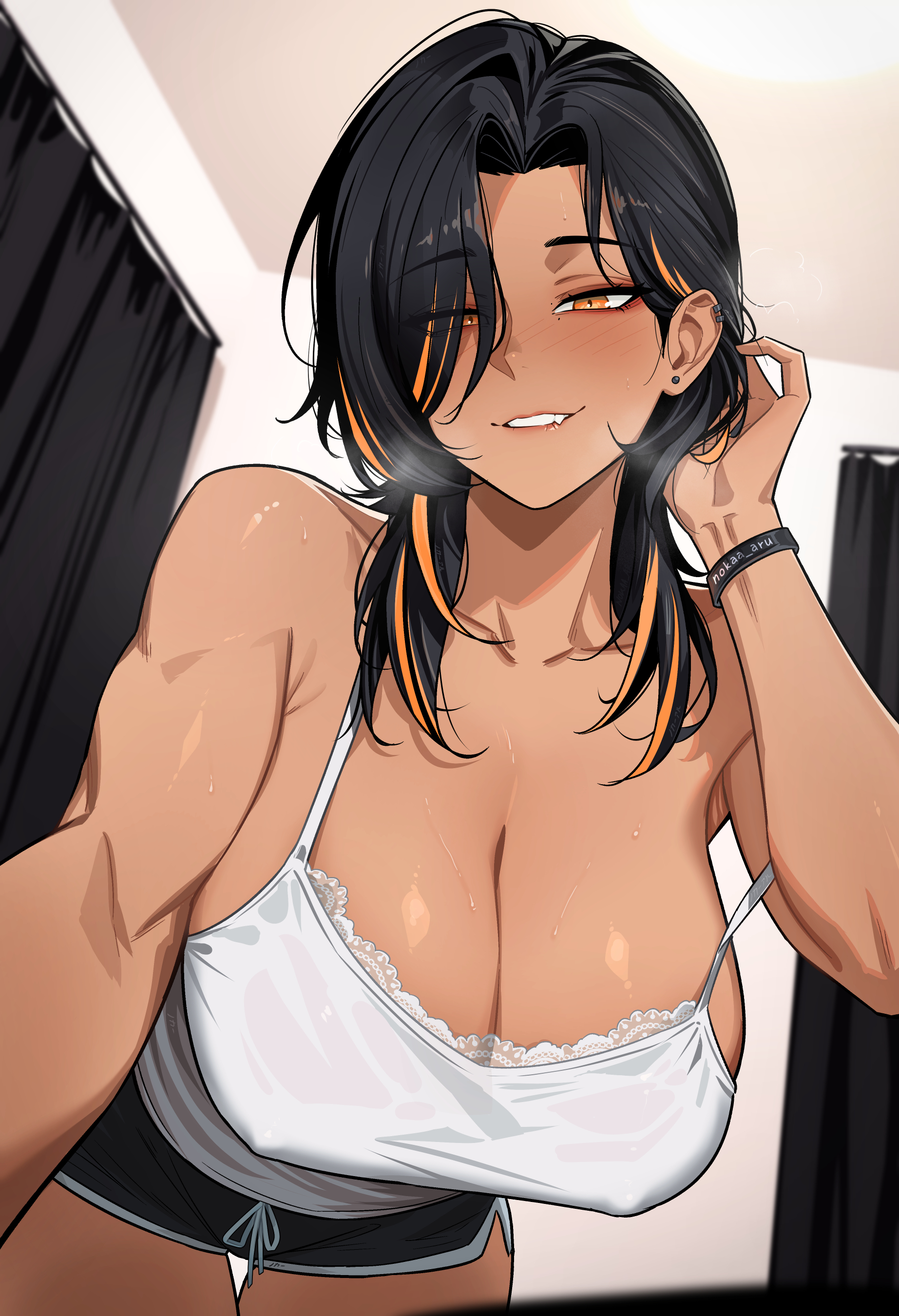 absurdres, adjusting hair, artist name, bare arms, bare shoulders, biting own lip, black hair, black shorts, blush, breasts, breath, camisole, cleavage, collarbone, covered erect nipples, curtained hair, curtains, dark skin, dark-skinned female, dolphin shorts, ear piercing, earclip, earrings, female, hair over one eye, hand in own hair, hand up, hanging breasts, highres, hotaru (nokaa aru), indoors, jewelry, large breasts, leaning forward, looking at viewer, medium hair, mole, mole under eye, multicolored hair, nokaa aru, orange eyes, orange hair, orange streaks, original, parted bangs, piercing, short shorts, shorts, smile, solo, strap slip, streaked hair, stud earrings, sweat, thigh gap, thighs, twitter username, white camisole, wolf cut, wrist straps