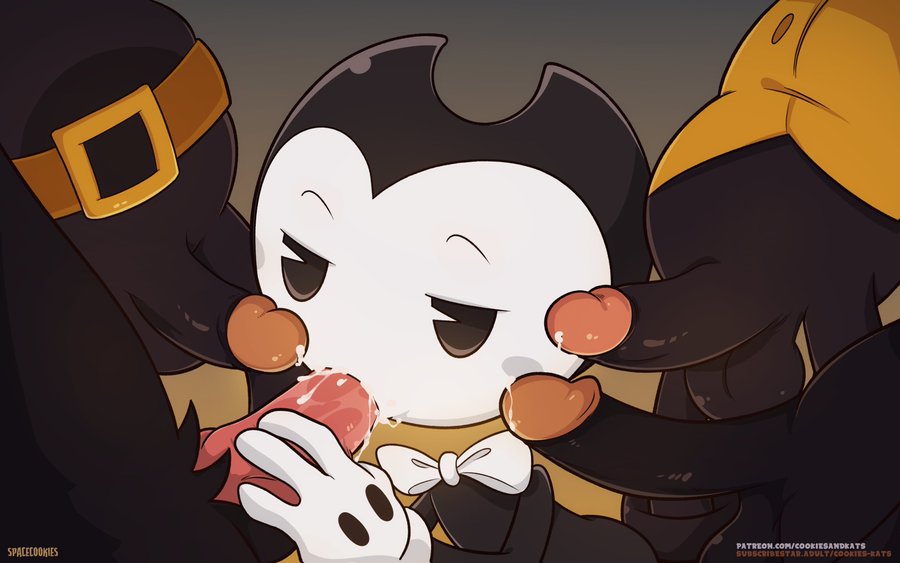 anatomically correct genitalia, barley (bendy and the ink machine), bendy, bendy and the dark revival, bendy and the ink machine, bendy the dancing demon, black body, boris the wolf, canine penis, cartoony, charley (bendy and the ink machine), clowndevil, cum, edgar (bendy and the ink machine), ejaculation, ejaculation in mouth, fellatio, gangbang, gay, male, male only, male/male/male/male/male, mascot horror, oral, penis, penis in mouth, penis on face, precum, rubberhose, sucking penis, the butcher gang, toony