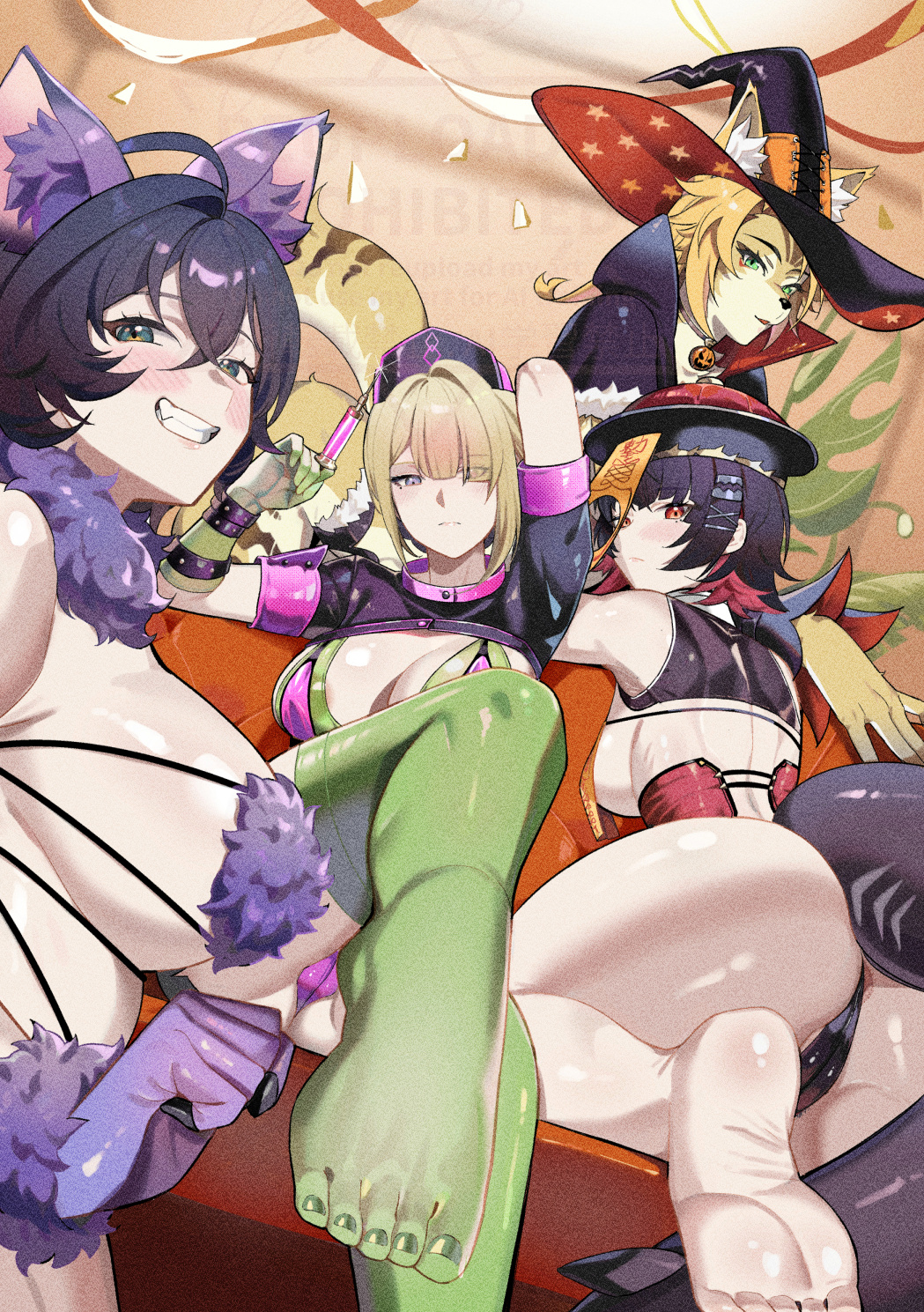 4girls, alternate version available, animal ear fluff, animal ears, arm up, arms up, ass, barefoot, belle (zenless zone zero), big ass, big breasts, black hair, black shirt, blonde hair, blurry, blurry background, breasts, cat ears, cat girl, colored inner hair, cosplay, cropped shirt, crossed bangs, crossed legs, elizabeth bathory (fate) (cosplay), elizabeth bathory (halloween caster) (cosplay), ellen joe, evelyn chevalier, fake animal ears, fate (series), fate/grand order, feet, female, female only, fins, fish tail, florence nightingale (fate) (cosplay), florence nightingale (trick or treatment) (fate) (cosplay), furry, furry female, gloves, green eyes, green gloves, green theme, grin, hat, highres, holding, holding syringe, indoors, large ass, large breasts, looking at viewer, mash kyrielight, mash kyrielight (cosplay), mash kyrielight (dangerous beast), mash kyrielight (dangerous beast) (cosplay), multicolored hair, multiple females, multiple girls, pulchra fellini, purple eyes, purple gloves, red eyes, red hair, shark girl, shark tail, shirt, short hair, short sleeves, shuten douji (fate) (cosplay), shuten douji (festival outfit) (fate) (cosplay), smile, soles, syringe, tail, variant set, white hat, witch hat, yellow fur, yusi vishnu, zenless zone zero