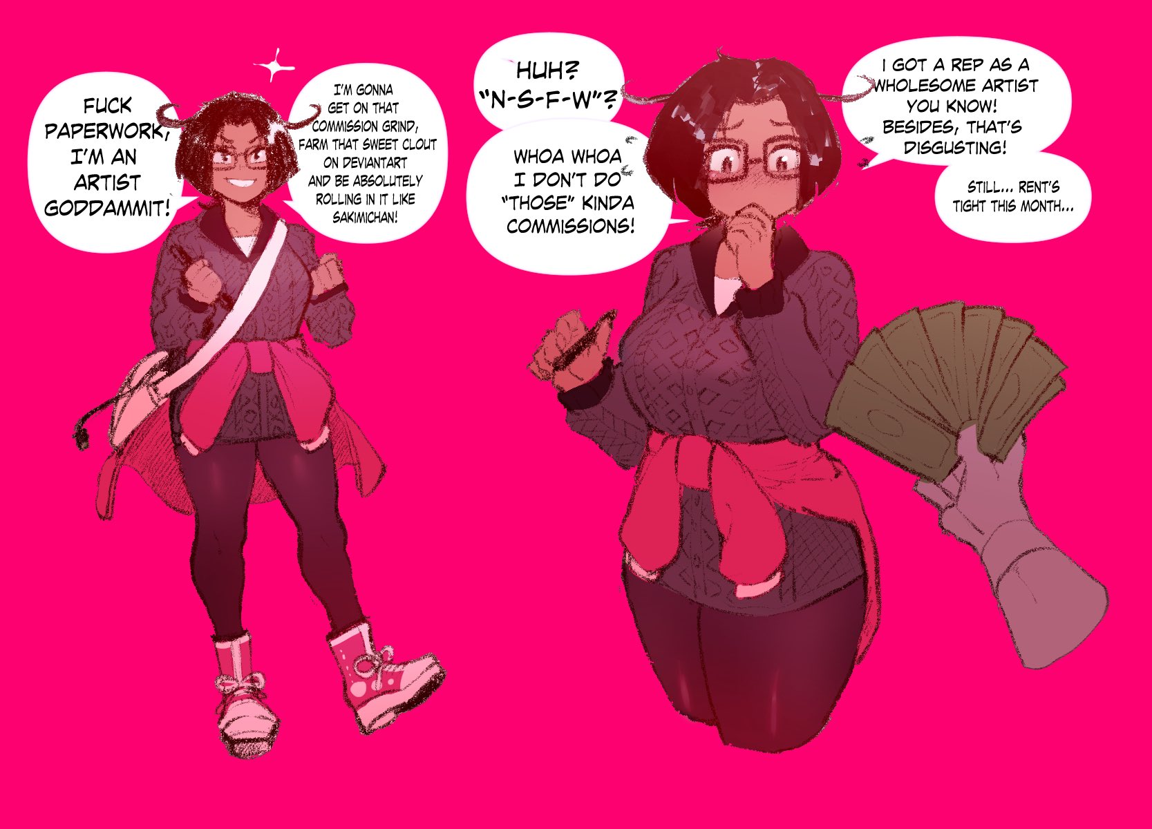 1girls, artist self-insert, big breasts, breasts, brown eyes, brown hair, college-age tsona (nyantcha), color, commissioning artist, commissioning kink, dialogue, disembodied hand, english text, female, female focus, female only, fully clothed, glasses, hesitant, money, original, pink background, rent, simple background, sneakers, tan body, text, thiccwithaq, tsona (nyantcha), twitter link, wide hips