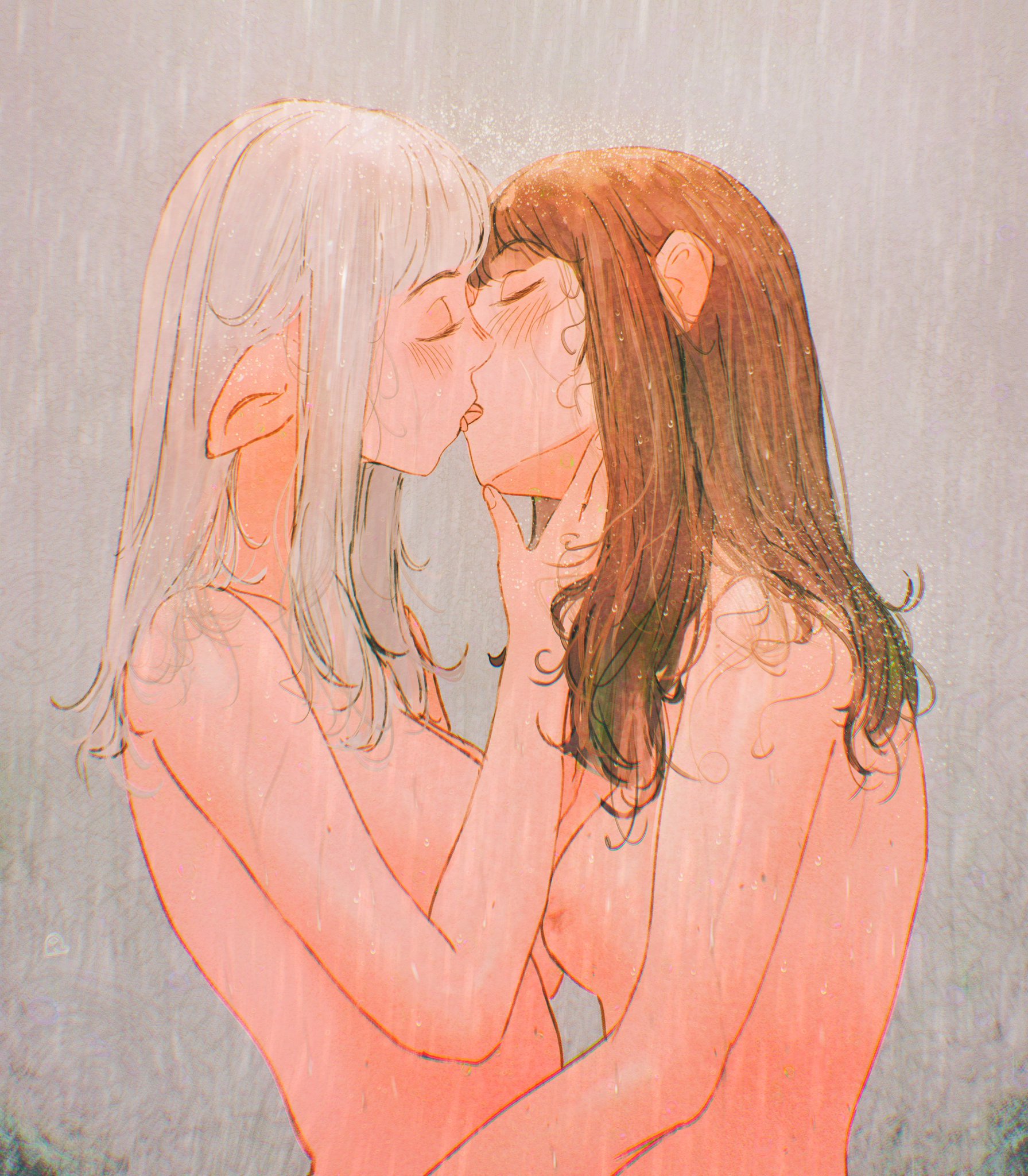 2girls, asimov (spindle (aidenr0)), breasts, female, female only, female/female, kissing, lesbian kiss, lesbians, naked, naked female, nude, nude female, ottilie (spindle (aidenr0)), raining, small breasts, spindle (aidenr0), yuri