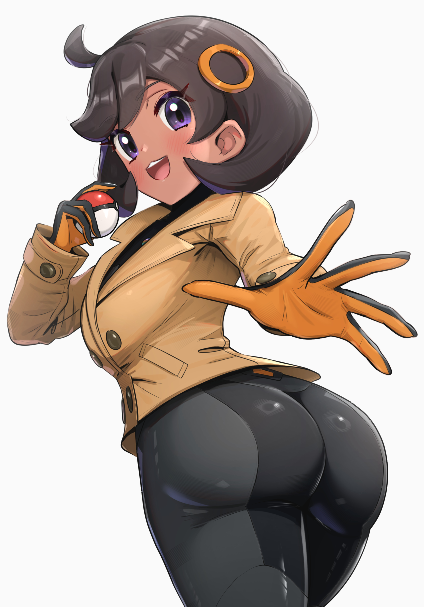 2020s, absurdres, ass, bodysuit, brown hair, coat, emma (pokemon), female, gonzarez, highres, huge ass, human, human only, jacket, jpeg, matiere (pokemon legends: z-a), matiere (pokemon), open eyes, pokemon, pokemon legends: z-a, purple eyes, simple background, smile, solo, white background