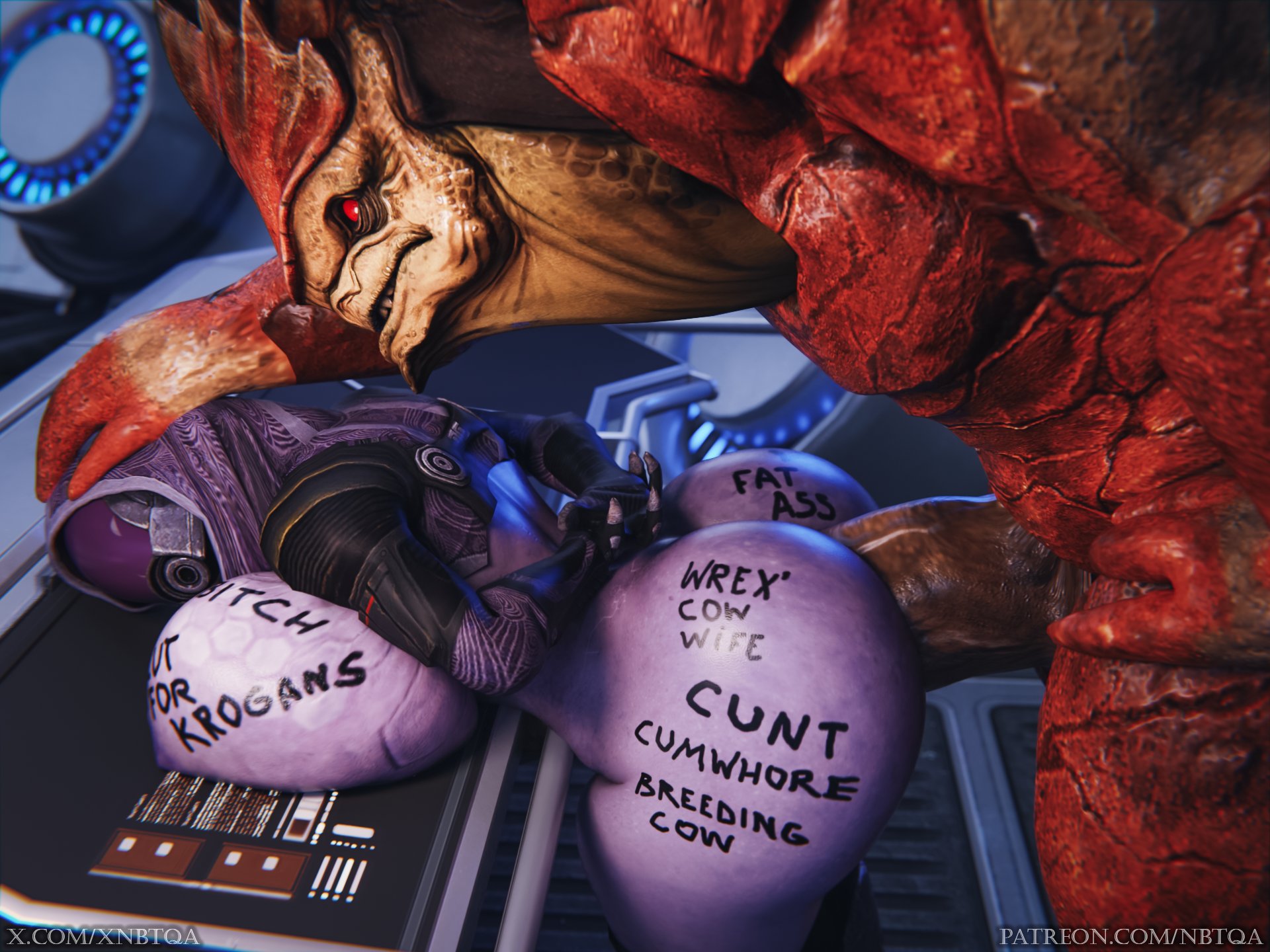 1boy, 1girls, 2025, 3d, 3d (artwork), alien, alien boy, alien girl, alien humanoid, ass, big ass, big breasts, big butt, big cock, big hips, big penis, bioware, blender, body writing, breasts, breasts bigger than head, butt, cock, degradation, dominant, dominant male, erect penis, erection, fat tits, female, femsub, genitals, gigantic breasts, helmet, helmet with visor, hi res, hips, hood, huge ass, huge breasts, huge butt, huge cock, humiliation, indoors, krogan, large breasts, large thighs, male, male/female, maledom, mask, masked, masked female, mass effect, mass effect 2, mass effect 3, mostly nude, naked, naked female, nbtqa, nude, nude female, partially clothed, penis, pregnant, pregnant female, purple body, purple skin, purple skinned female, purple-skinned female, quarian, rough sex, sex, sex slave, shackles, slave, slave collar, slave girl, submissive, submissive female, tali'zorah nar rayya, thick ass, thick butt, thick hips, thick legs, thick thighs, thighhighs, thighs, tits out, urdnot wrex, wide hips, wide thighs