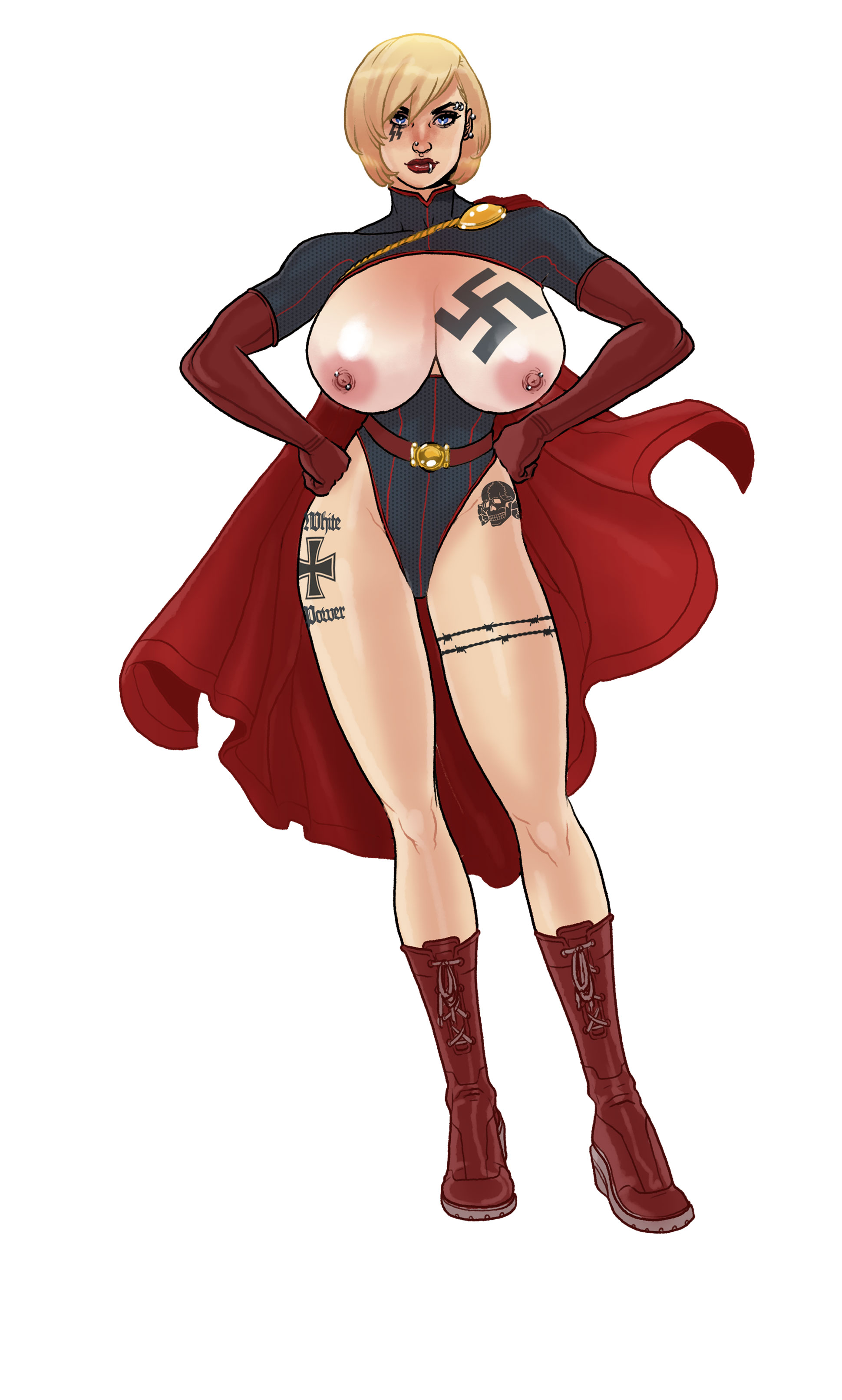 1girls, areolae, blonde hair, blue eyes, boots, breasts, breasts bigger than head, breasts out, cape, corrupted, corruption, cringe, dc, dc comics, ear piercing, female, female focus, female only, iron cross, kara zor-l, leotard, light skin, light-skinned female, lip piercing, lipstick, modified costume, nazi, nipple piercing, nipples, nose piercing, pegasus (artist), power girl, raceplay, racism, racist, short hair, solo, solo female, solo focus, superheroine, superman (series), swastika, swastika tattoo, totenkopf