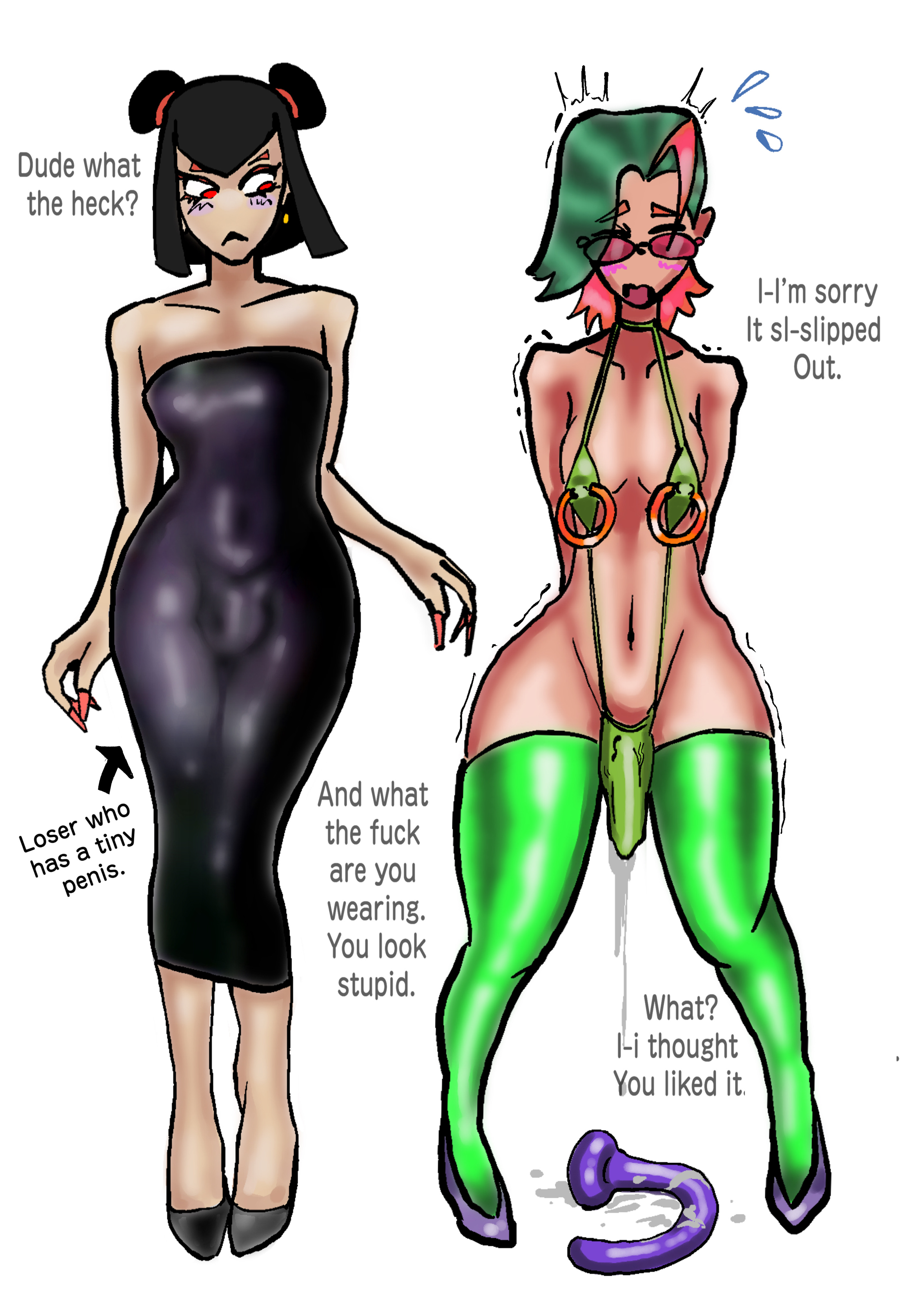 2boys, 2femboys, anal, anal masturbation, anal orgasm, blush, bodycon, bulge through clothing, buttplug, curvy figure, dripping semen, english text, femboy, feminine male, glasses, hands-free, handsfree ejaculation, heels, huge ass, male, nipple piercing, nipple rings, oc, panicking, penis, penis size difference, piercing, revealing clothes, shiny, shiny clothes, shiny skin, short hair, sissy, skimpy clothes, small penis humiliation, talking to another, text, thick thighs, thighhighs, thin waist, tiny penis, veconeaa, wide hips