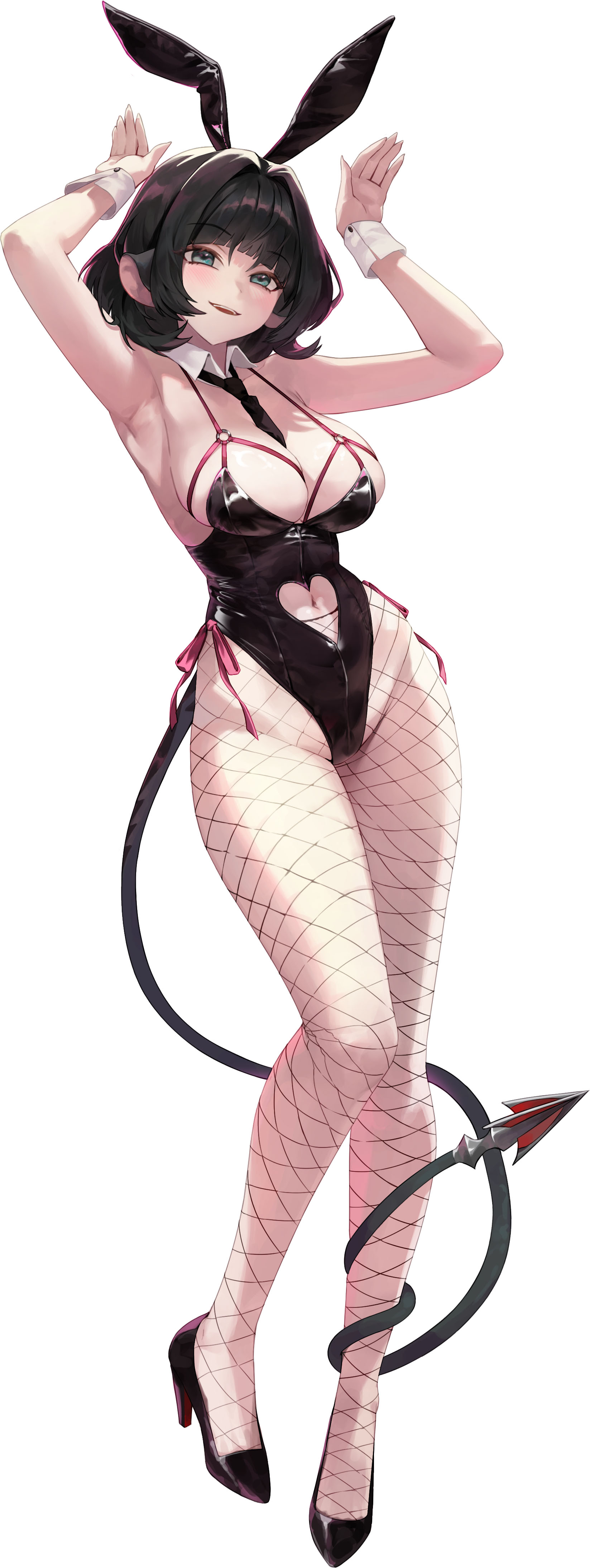 1girls, absurdres, alternate costume, animal ears, armpits, between breasts, black hair, black leotard, black necktie, breasts, cleavage, clothing cutout, collar, commentary request, detached collar, fake animal ears, female, fishnets, full body, heart cutout, high heels, highleg, highleg leotard, highres, jane doe (zenless zone zero), korean commentary, large breasts, leotard, malsuk, mouse ears, navel, navel cutout, necktie, necktie between breasts, o-ring, parted lips, rabbit ears, rabbit pose, simple background, solo, teeth, upper teeth only, white background, white collar, white wrist cuffs, wrist cuffs, zenless zone zero