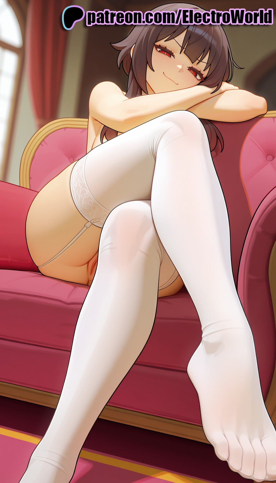 1girls, 2025, ai generated, artist name, blurry, blush, brown hair, chair, chsir, clitoral hood, clitoris, crossed legs, curtains, electroworld, exposed pussy, eyebrows visible through hair, feet, feet fetish, female, foot fetish, foot focus, garter straps, hi res, high quality, high resolution, highres, indoors, juicy pussy, kono subarashii sekai ni shukufuku wo!, legs, looking at viewer, megumin, no shoes, patreon, patreon username, petite, pussy, red eyes, sitting on chair, smile, smirk, soles, solo, stable diffusion, thighhighs, thighs, tight pussy, toes, vagina, watermark, white legwear
