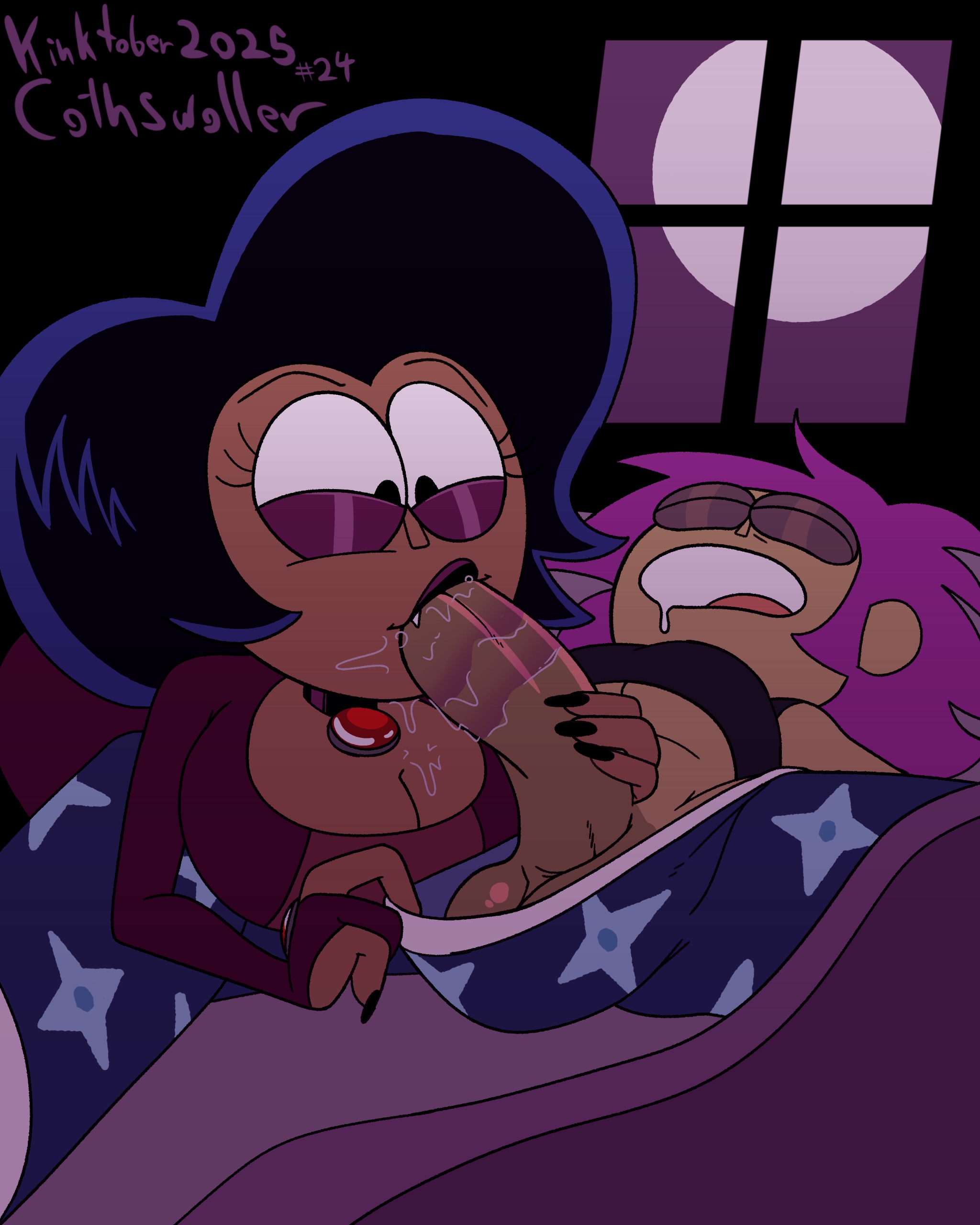 1futa, 1girls, age difference, big breasts, black hair, blowjob, breasts, cleavage, clothed, clothed sex, clothing, cothswoller, dark skin, dark-skinned female, dark-skinned futa, daughter, enid, fellatio, female, futa with female, futanari, incest, intersex, mature, mature female, milf, mother, mother and daughter, mother and daughter (lore), ok k.o.! let's be heroes, pajama pants, pajamas, purple hair, sleep molestation, sleeping, vampire, vampire girl, wilhamena