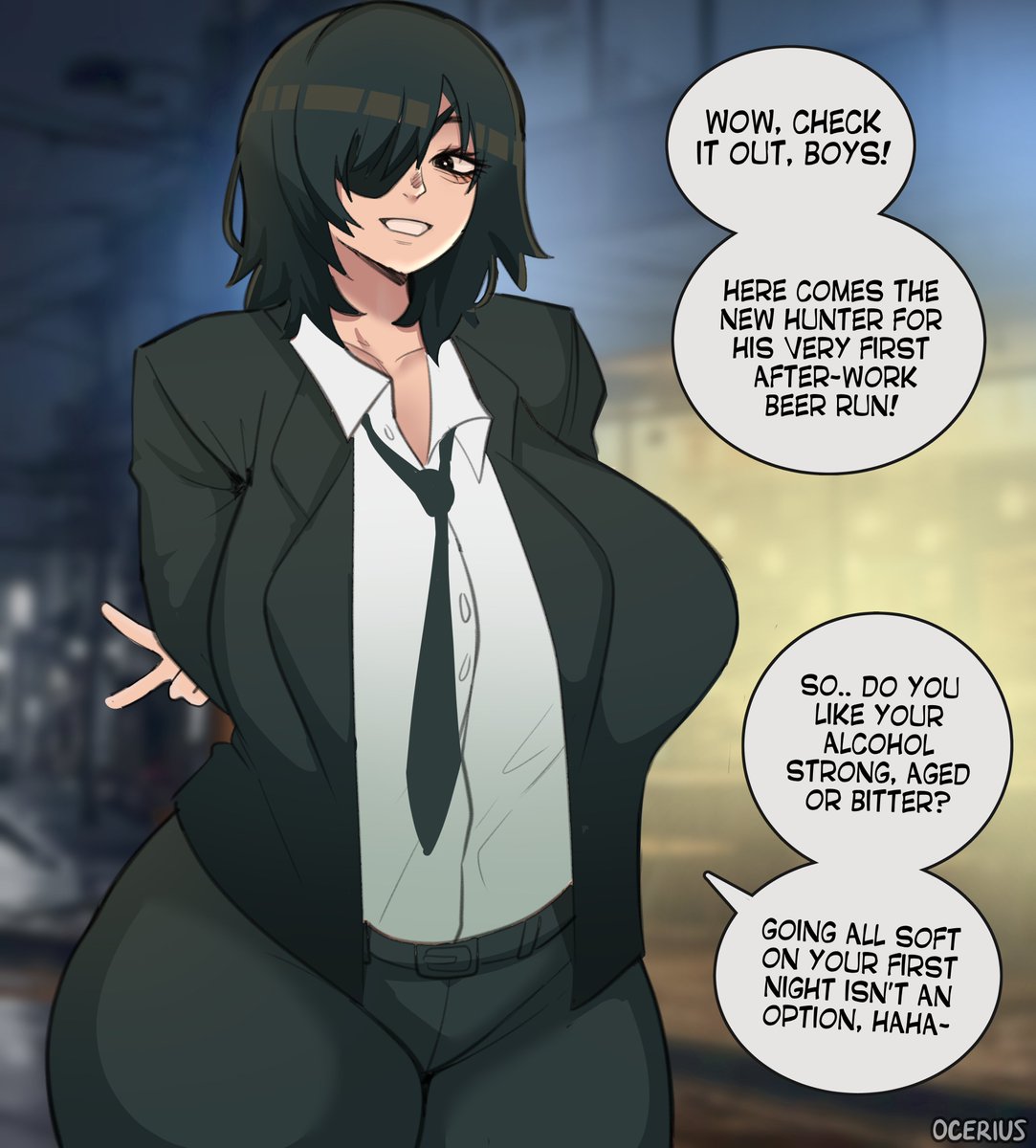 casual, chainsaw man, clothed, comic, english text, eyepatch, female, fully clothed, himeno (chainsaw man), large ass, long hair, looking at viewer, milf, ocerius, office lady, outside, speech bubble, thicc, voluptuous female
