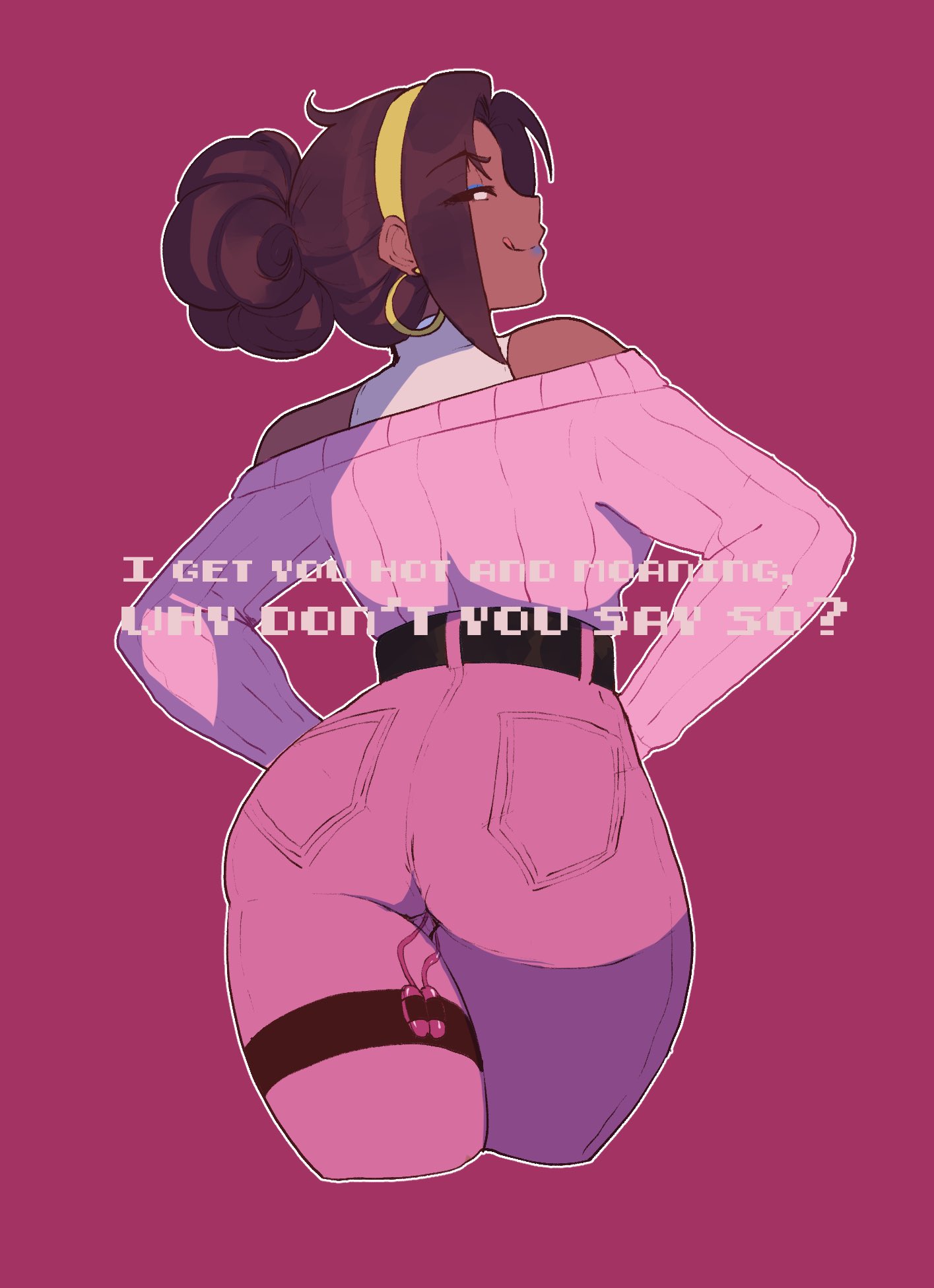 1girls, big breasts, breasts, dark skin, dark-skinned female, english text, female, female focus, female only, fully clothed, hair up, headband, licking lips, looking at viewer, looking back, original, pussy, tan body, text, thiccwithaq, tsona (nyantcha), vaginal, vibrator, vibrator under clothes, wide hips