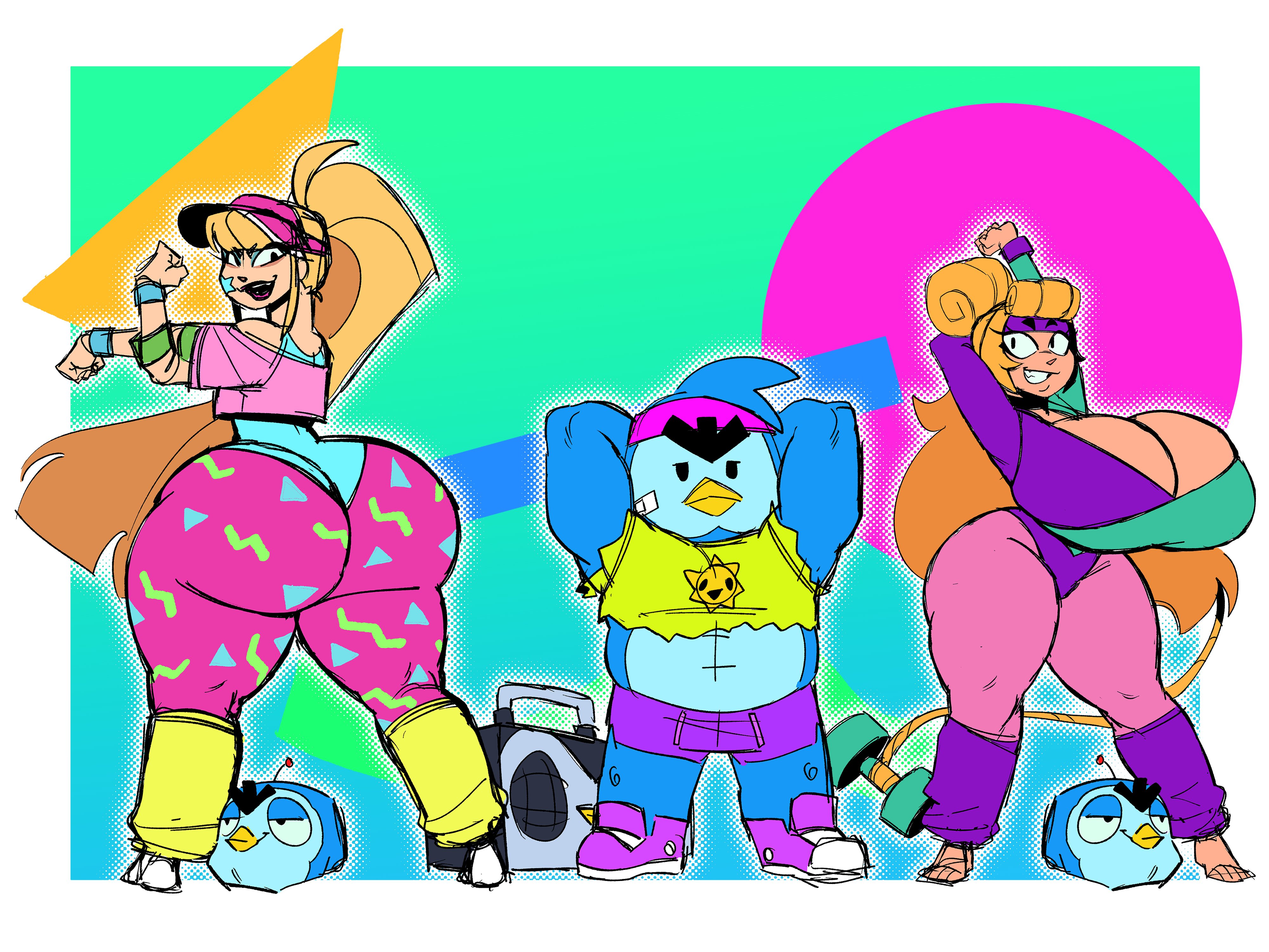 2girls, brawl stars, charlie (brawl stars), elpiromanias, female, gym rat mr. p (brawl stars), melodie (brawl stars), mr. p (brawl stars), pump it melodie (brawl stars), workout charlie (brawl stars)