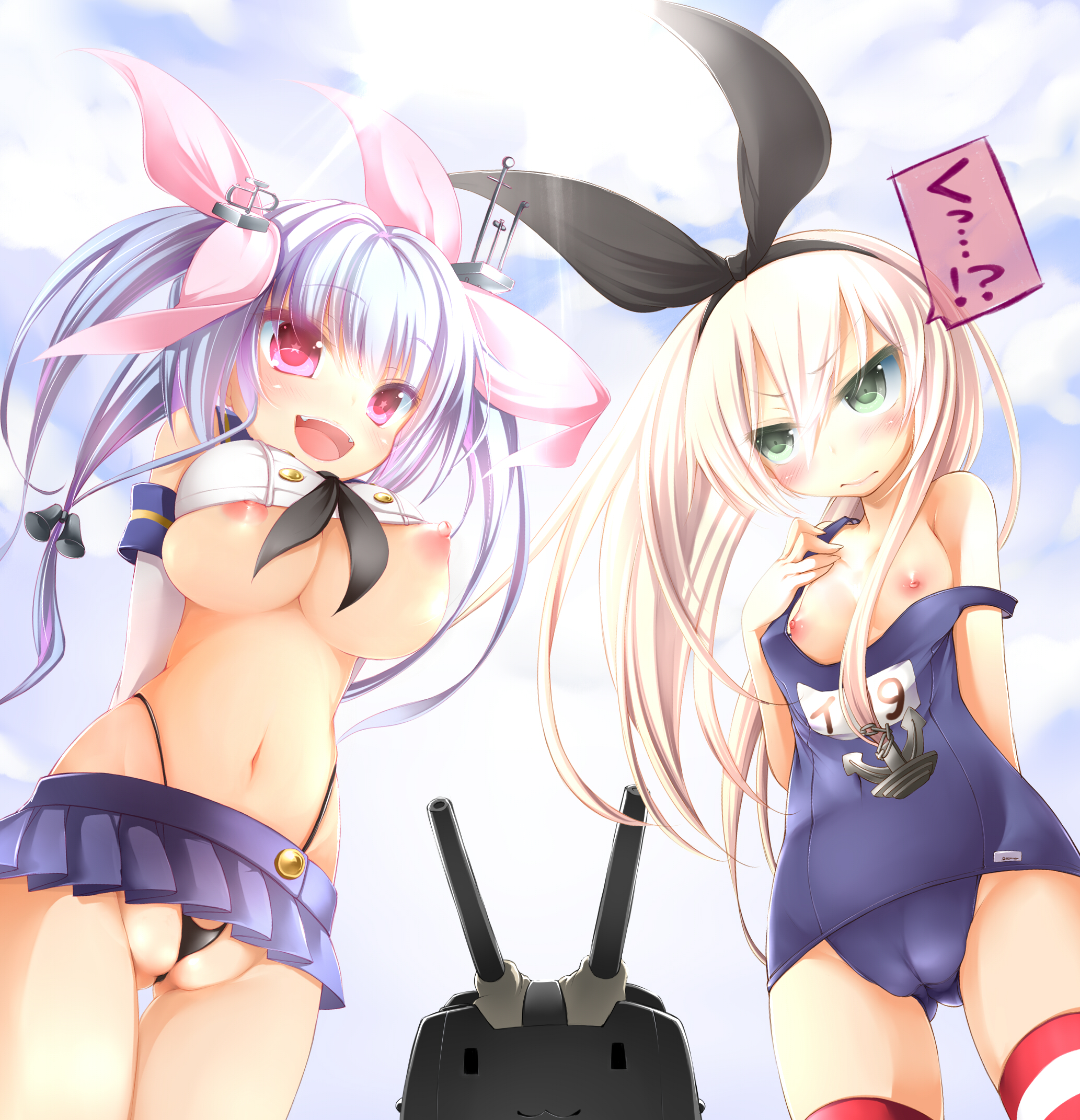 2girls, anchor, arms behind back, blonde hair, blue hair, blush, breast envy, breasts, cameltoe, cosplay, costume switch, elbow gloves, female, g-string, gloves, green eyes, hair ribbon, hairband, highres, huge breasts, huge pussy, i-19 (kantai collection), kantai collection, karu a miruku, large breasts, long hair, miniskirt, multiple females, multiple girls, navel, nipples, oversized clothes, panties, partially visible vulva, pink eyes, pussy, rensouhou-chan, ribbon, school swimsuit, shimakaze (kantai collection), skirt, small breasts, smile, socks, star, star-shaped pupils, strap slip, striped, striped legwear, swimsuit, symbol-shaped pupils, thigh gap, thighhighs, thong, tied hair, twintails, undersized clothes, underwear, wardrobe malfunction