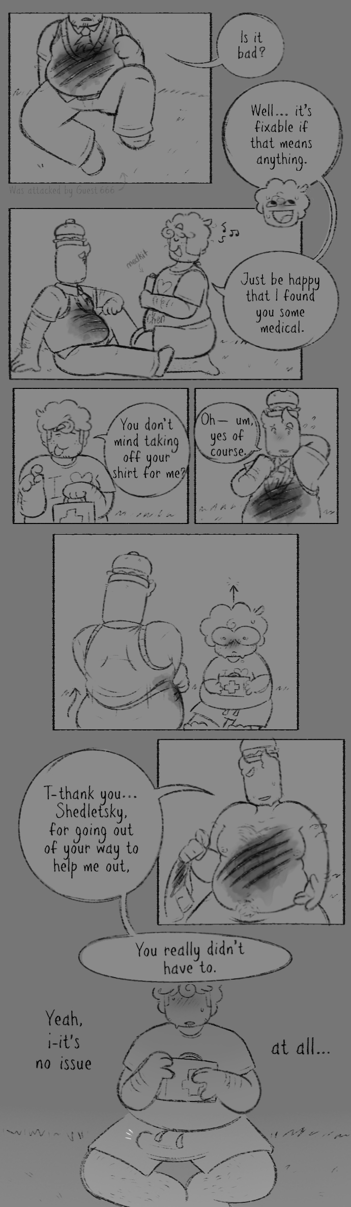 007n7, 007n7 (forsaken), 2boys, blush, body hair, boner in pants, bulge, bulge through clothing, burningb, chubby, chubby male, clothed, clothing, comic strip, dialogue, forsaken (roblox), gay, grayscale, horns, male, nervous, no color, pubic hair, roblox, roblox game, robloxian, self upload, shedletsky, shedletsky (forsaken), shirtless, staring, sweating, wounded