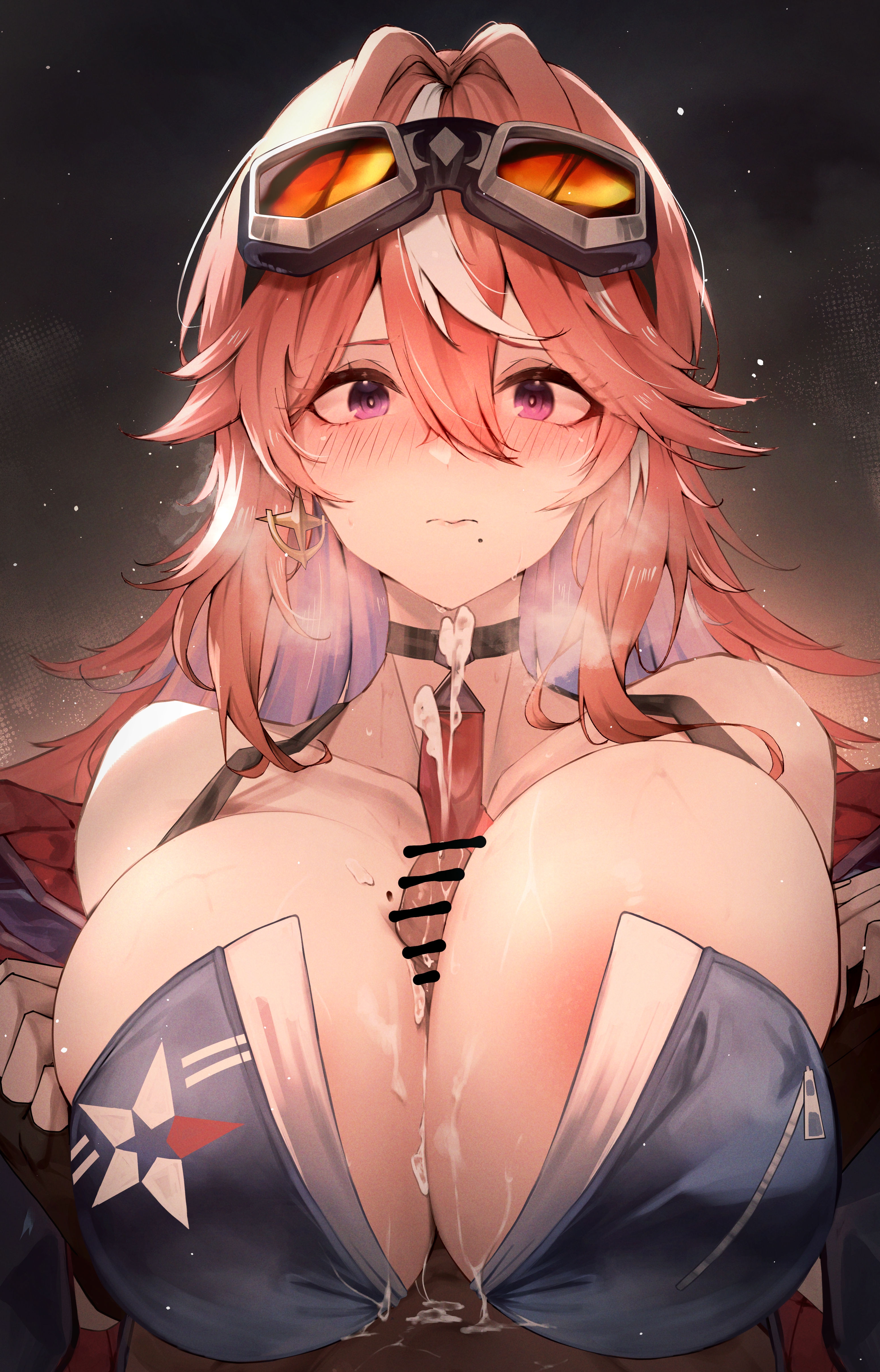1boy, 1girls, areola slip, azur lane, bar censor, bare shoulders, black choker, black gloves, blush, breasts, censored, cg, choker, cleavage, closed mouth, collarbone, cum, cum on body, cum on breasts, dark skin, dark-skinned male, eagle union (azur lane), earrings, ejaculation, female, fingerless gloves, franklin (azur lane), gloves, goggles, goggles on head, hair between eyes, huge breasts, jacket, jewelry, light skin, light-skinned female, long hair, looking at viewer, male, male pov, mole, mole under eye, mole under mouth, multicolored hair, open clothes, open jacket, paizuri, paizuri under clothes, penis, pov, pov crotch, projectile cum, purple eyes, red hair, sea nami, solo focus, straight, streaked hair, sweat, upper body