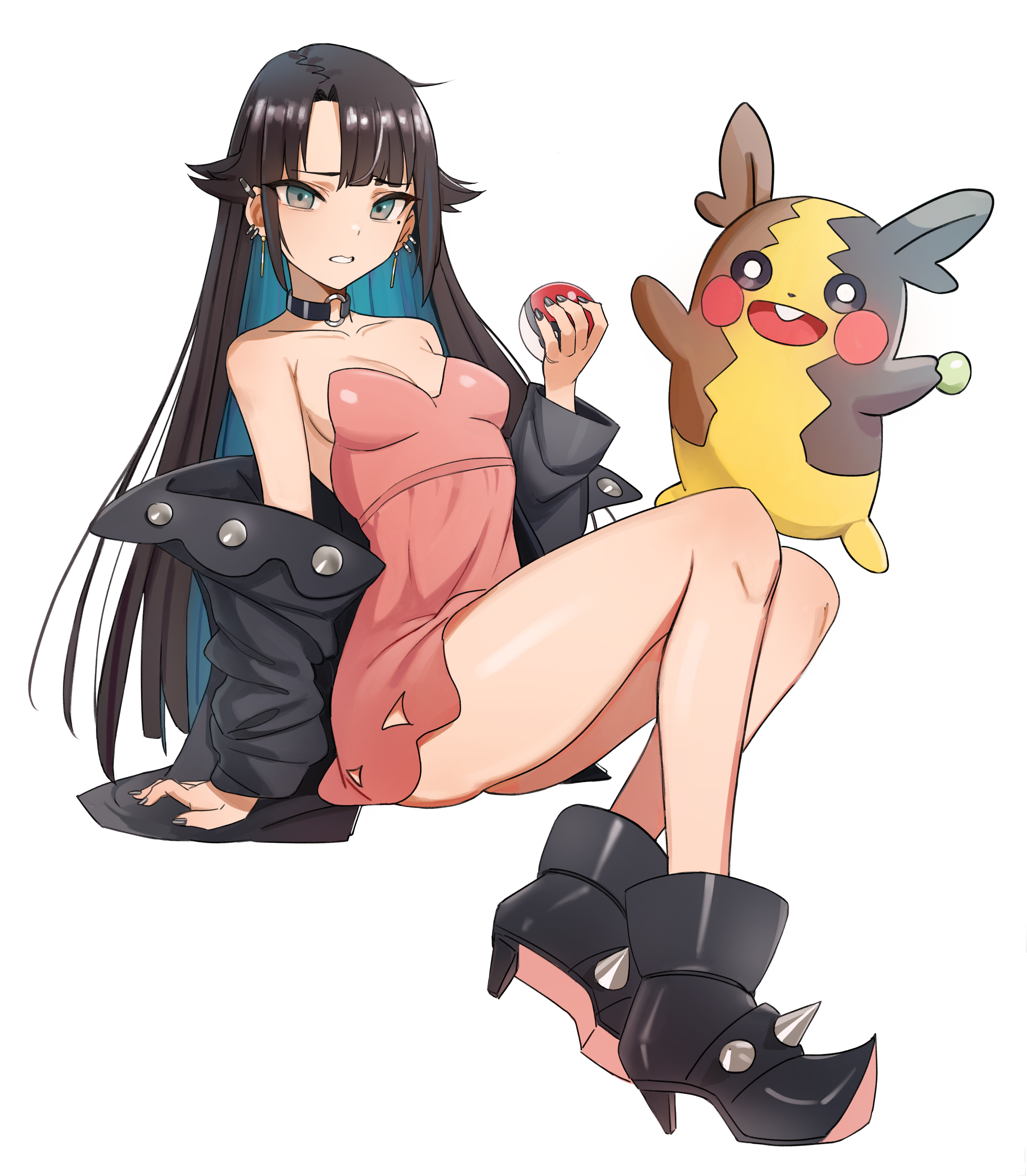 1girls, absurdres, black nails, boots, breasts, choker, collar, cosplay, dress, earrings, female, green eyes, hair down, highres, jacket, jacket partially removed, kiritzugu, knees up, looking at viewer, marnie (pokemon), marnie (pokemon) (cosplay), mole, mole under eye, morpeko, morpeko (full), nail polish, nintendo, o-ring, o-ring choker, original, pink dress, pokemon, pokemon (species), pokemon swsh, small breasts, spiked boots, thighs