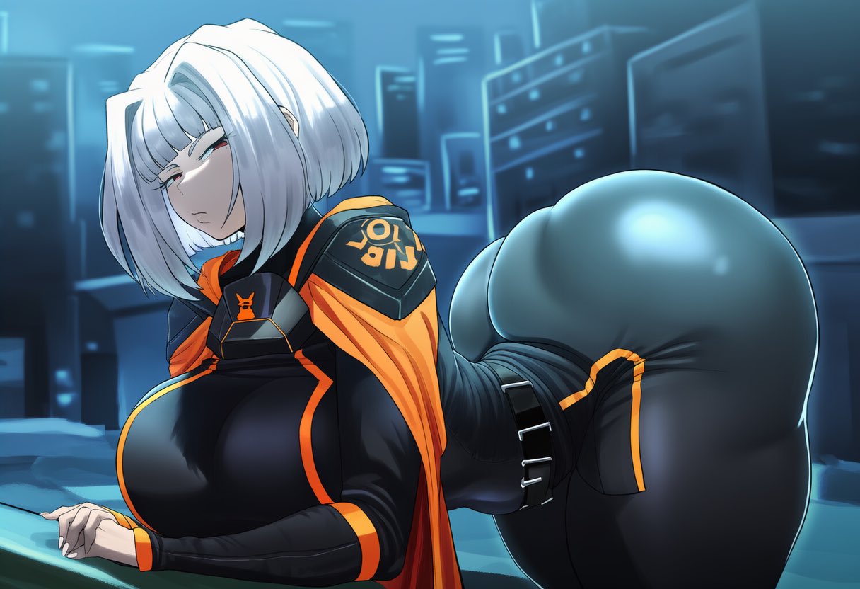ai generated, ass up, black clothing, bodysuit, bowl cut, breasts, cinderhee, female, huge ass, huge breasts, laying down, library of ruina, lobotomy corporation, myo (lobotomy corporation), night, orange clothing, outdoors, pale skin, pale-skinned female, project moon, red eyes, tagme, uniform, white hair