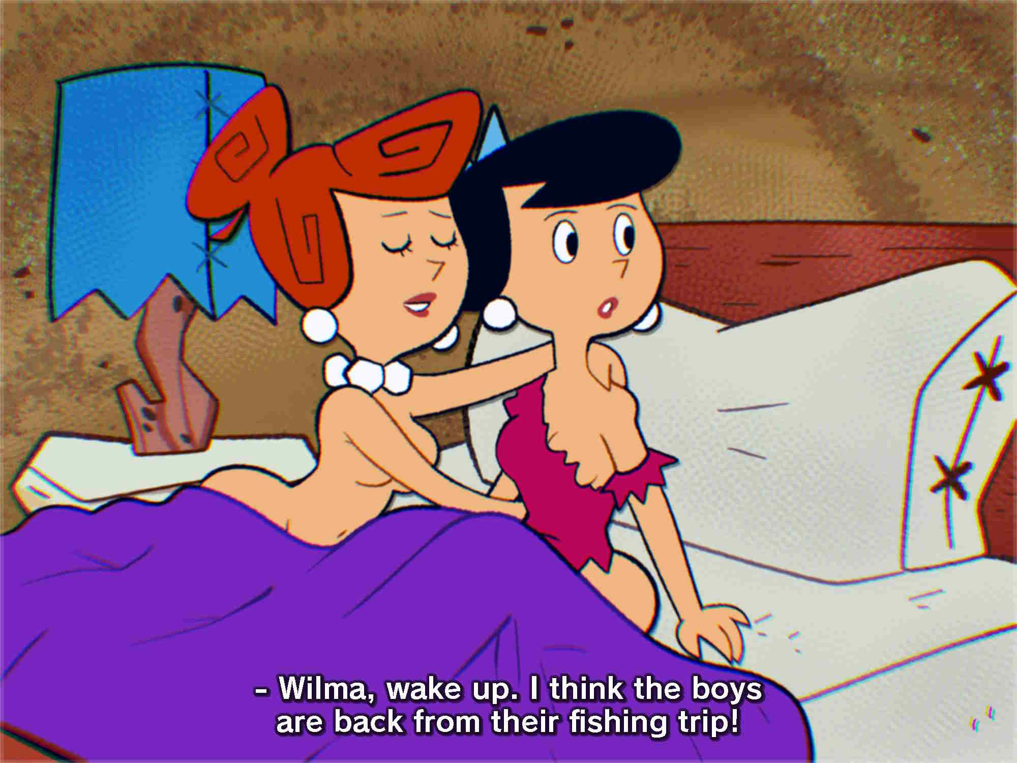2girls, artstyle imitation, bed, betty rubble, breasts, casual, clothing, female, human, nude, pale skin, somescrub, tagme, the flintstones, wilma flintstone, yuri