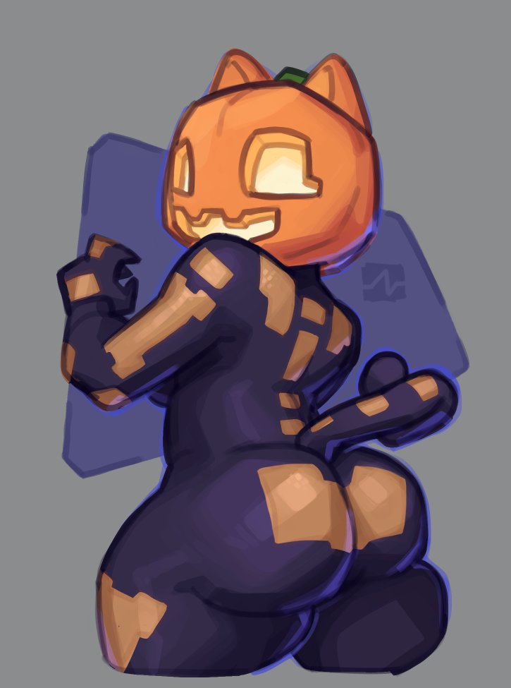 1girls, animal ears, animal tail, anthro, anthro female, ass, back view, black bodysuit, bodysuit, bottom heavy, breasts, bubble butt, cat ears, cat tail, catgirl, cowboy shot, dat ass, female, female only, furry, furry female, grey background, halloween, holidays, huge ass, jack-o'-lantern, looking back, medium breasts, pulseblock, pumpkin, pumpkin head, sideboob, simple background, skeleton markings, skin tight, solo, spice (fortnite), tail, thick thighs, watermark