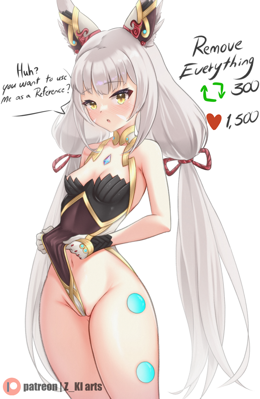 1girls cat_ears catgirl core_crystal english_text grey_hair meme nia nia_(blade) nia_(xenoblade) nintendo small_breasts solo solo_female text thighs twitter_strip_game_(meme) xenoblade_(series) xenoblade_chronicles_2 yellow_eyes z-ki