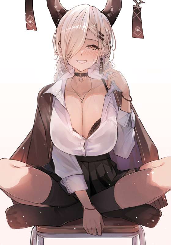 alternate costume, asymmetrical bangs, azur lane, black bra, black choker, black skirt, black socks, blonde hair, blush, bra, bracelet, braid, breasts, cg, chair, choker, cleavage, collarbone, collared shirt, dark skin, dark-skinned female, earrings, female, grin, gyaru, hair ornament, hair over one eye, hairclip, horn ornament, horns, indian style, jacket, jewelry, large breasts, long bangs, long hair, long sleeves, looking at viewer, mole, mole under mouth, necklace, no shoes, owari (azur lane), pleated skirt, school uniform, sea nami, shirt, simple background, sitting, skirt, smile, socks, solo, twin braids, underwear, white background, white shirt, yellow eyes