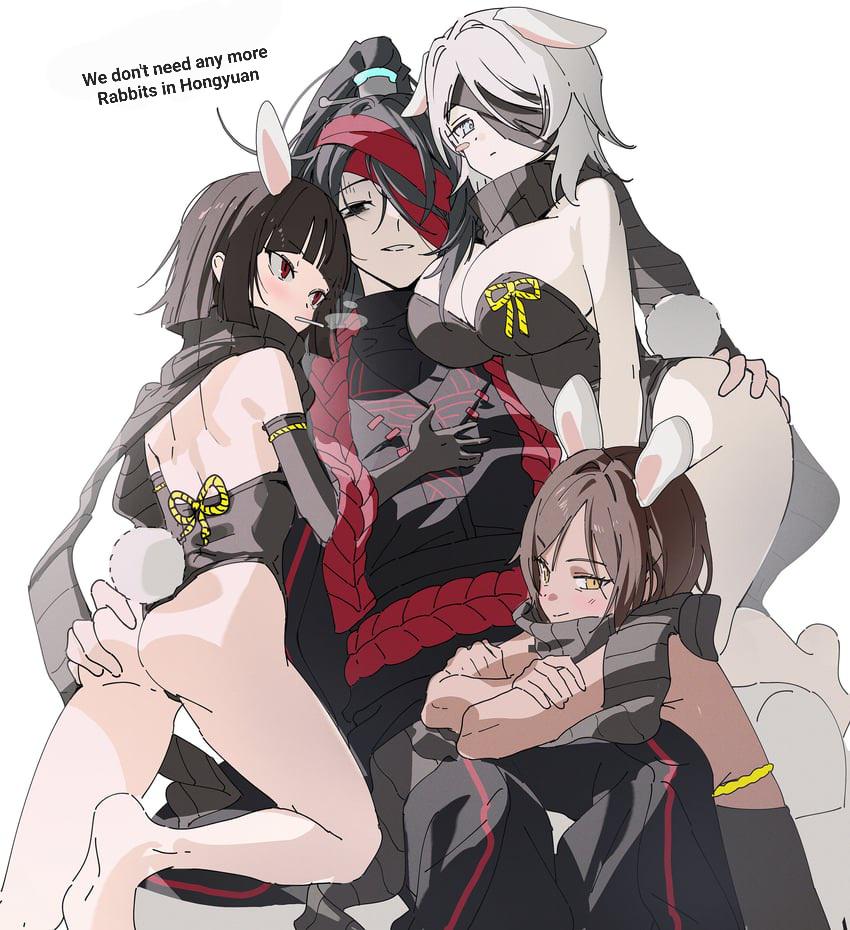 1boy, 3girls, animal ears, ass, ass grab, barefoot, black hair, black leotard, black pants, blush, breasts, brown hair, cg, cleavage, dark skin, english text, eyepatch, faust (limbus company), female, gloves, grey eyes, grey hair, harem, heishou pack-mao branch (identity) (project moon), hong lu (limbus company), large breasts, leotard, limbus company, long hair, looking at viewer, male, multicolored hair, multiple females, multiple girls, one eye covered, outis (limbus company), playboy bunny, ponytail, project moon, rabbit ears, rabbit tail, red eyes, ryoshu (limbus company), scarf, shipping, short hair, simple background, straight, strapless, tail, white background, white hair, yellow eyes