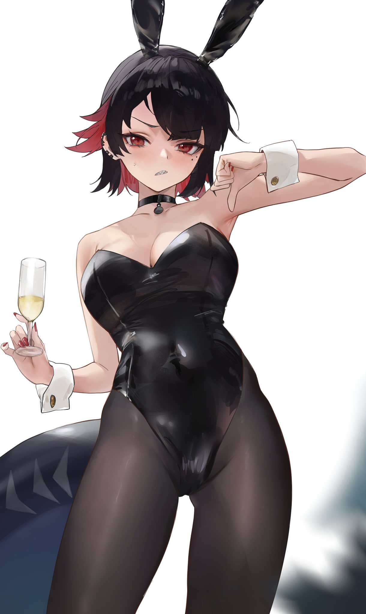 1girls, alternate costume, animal ears, armpits, bare shoulders, black choker, black hair, black leotard, black pantyhose, breasts, choker, cleavage, commentary, covered navel, cowboy shot, cup, drinking glass, ellen joe, fake animal ears, far side, female, fingernails, fins, fish tail, hand up, highres, holding, holding cup, leotard, light blush, long fingernails, looking at viewer, medium breasts, multicolored hair, nail polish, pantyhose, parted bangs, playboy bunny, rabbit ears, red eyes, red hair, red nails, shark girl, shark tail, solo, strapless, strapless leotard, tail, thumbs down, white background, wine glass, zenless zone zero