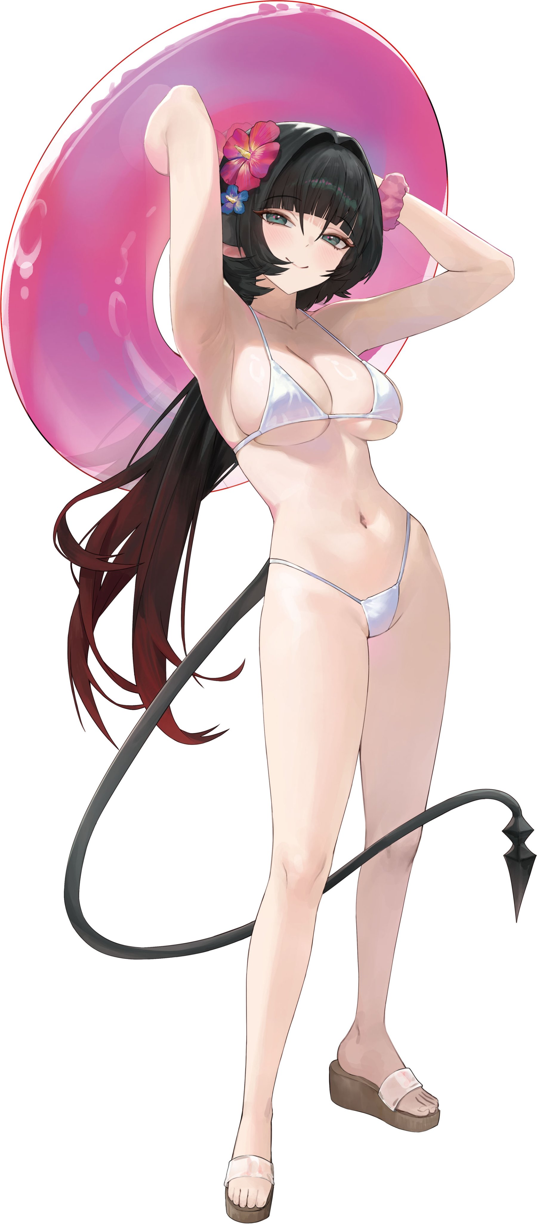 absurdres, animal ears, aqua eyes, arms up, bikini, black hair, breasts, female, full body, hair ornament, highres, jane doe (zenless zone zero), large breasts, malsuk, mouse ears, sandals, simple background, smile, swimsuit, tail, white background, white bikini, zenless zone zero