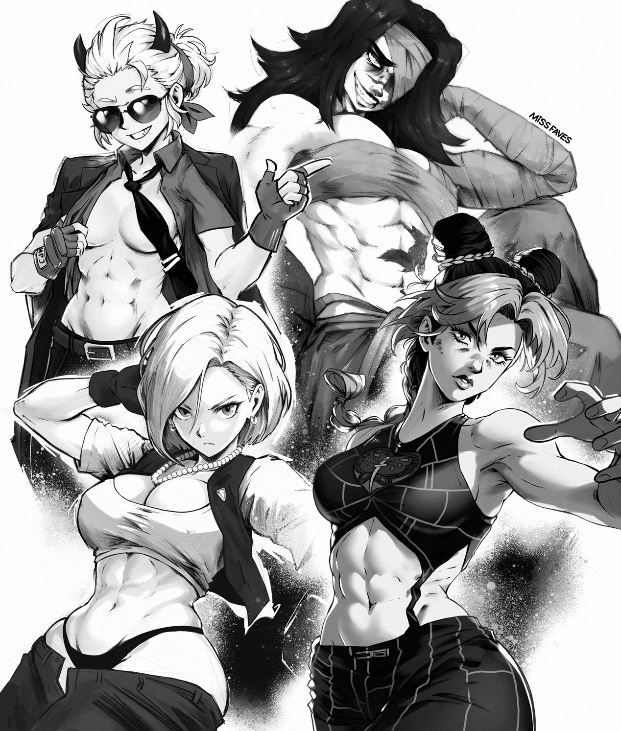4girls, abs, android 18, big breasts, black and white, boss (dead estate), breasts, crossover, dead estate, dragon ball, dragon ball z, female, female only, helltaker, jojo's bizarre adventure, jolyne kujo, justice (helltaker), missfaves, monochrome, muscular, muscular female, stone ocean