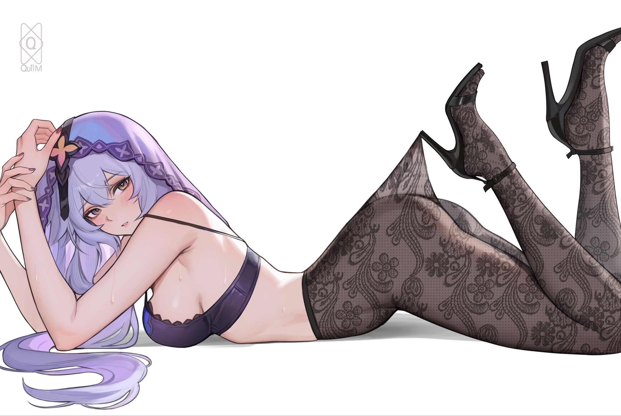 1girls, ass, black pantyhose, black swan (honkai: star rail), breasts, female, honkai: star rail, hoyoverse, lingerie, long hair, mihoyo, pantyhose, sideboob, white hair
