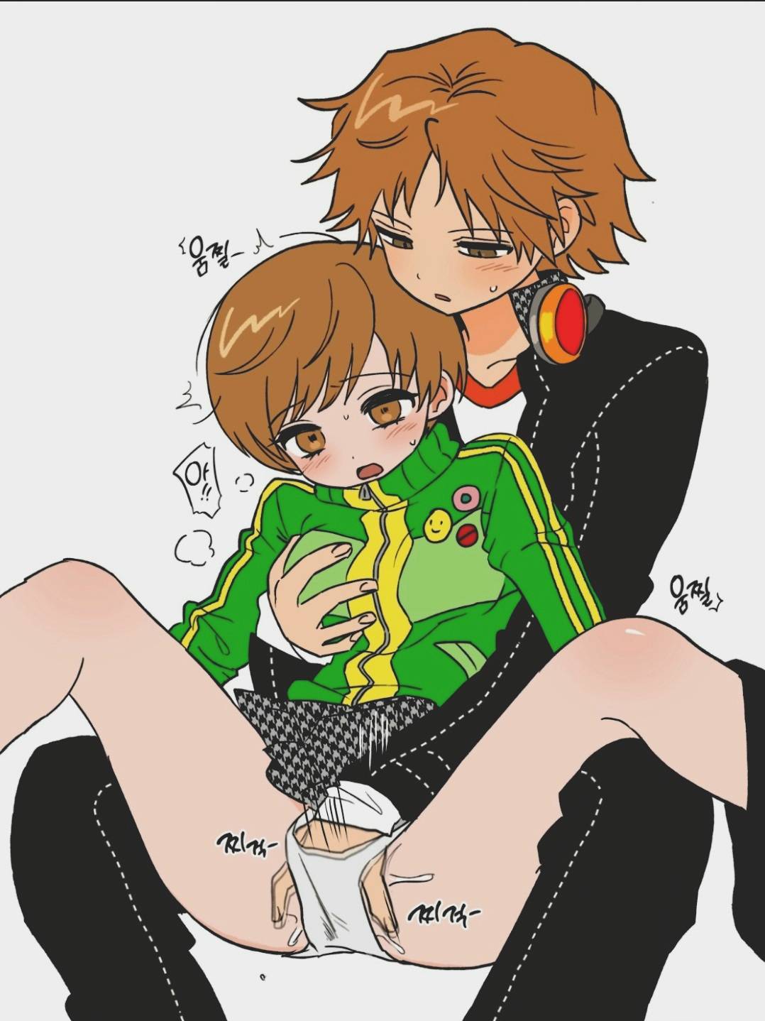 1boy, 1boy1girl, 1girls, assisted masturbation, blushing, breast fondling, breasts, brown hair, clothed, clothed sex, female, fingering, hanamura yousuke, male, male/female, persona, persona 4, pussy, pussy fingering, qnfrjswjsrmfla, satonaka chie, straight